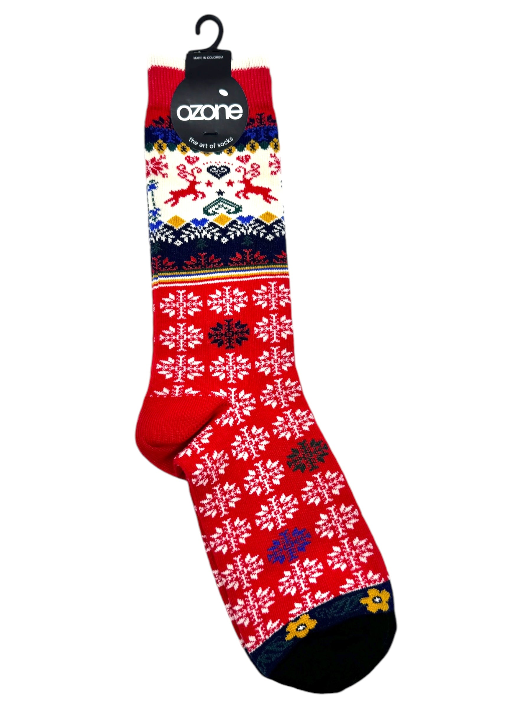 Introducing the Ozone - Renne sock: a red knitted crew sock for women, showcasing a festive Scandinavian holiday design with snowflakes and reindeer patterns, made from high-quality natural cotton fiber.