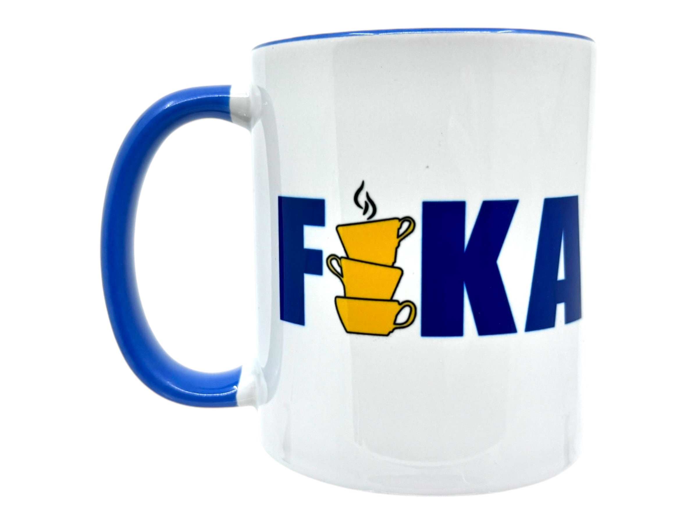 The Stacked Fika mug (11oz) pays homage to the beloved Swedish tradition, boasting a sleek white design complemented by a blue handle. Its unique charm is highlighted by the word "FIKA," where the 'I' is artistically substituted with three stacked yellow cups.