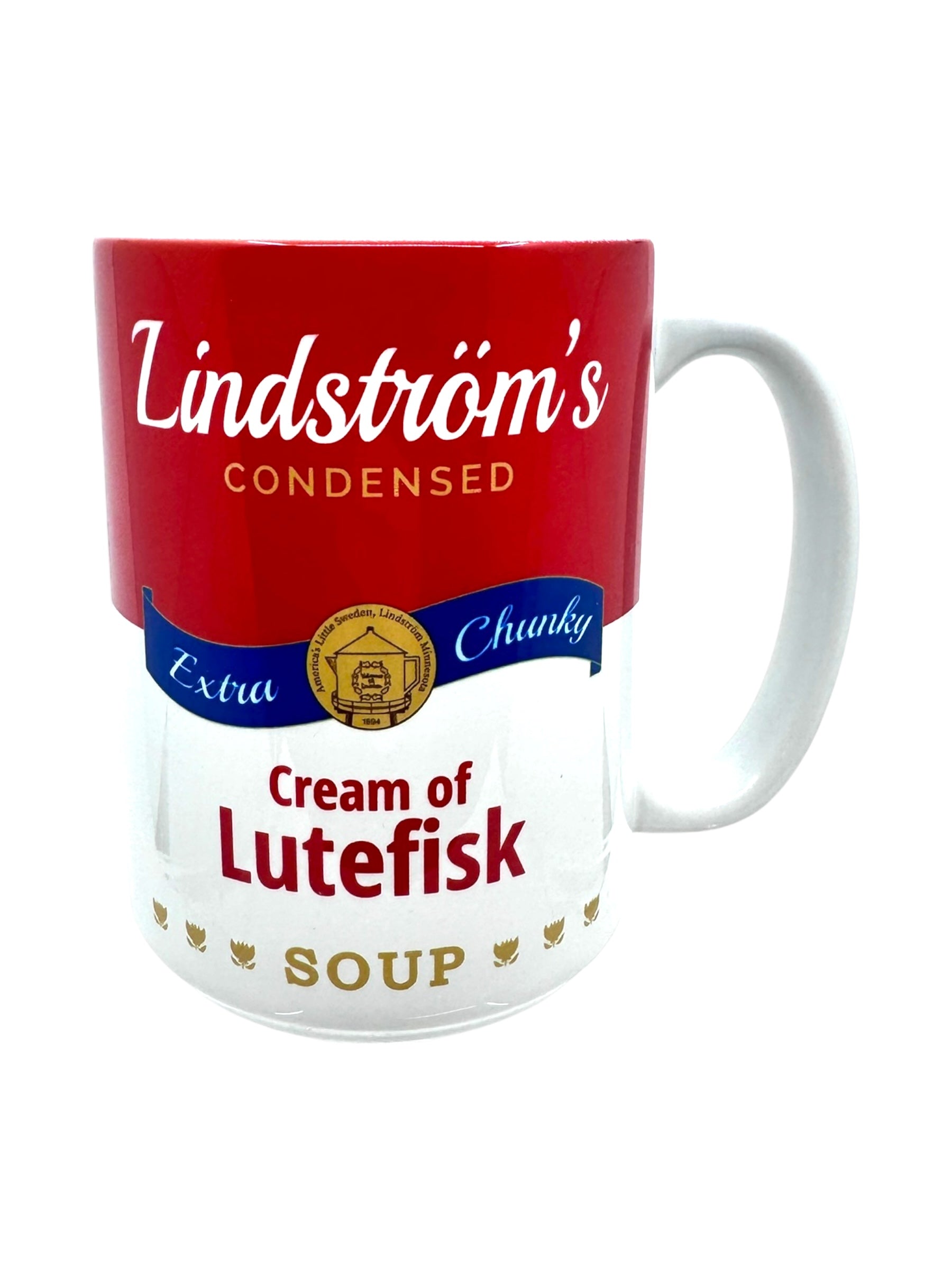 Introducing the Mug: Lindstrom's Cream of Lutefisk Soup (15oz), a ceramic mug crafted to look like a soup can label. It's perfect for fans of the Vilhelm Moberg series who enjoy adding a touch of Nordic humor to their drinkware collection.