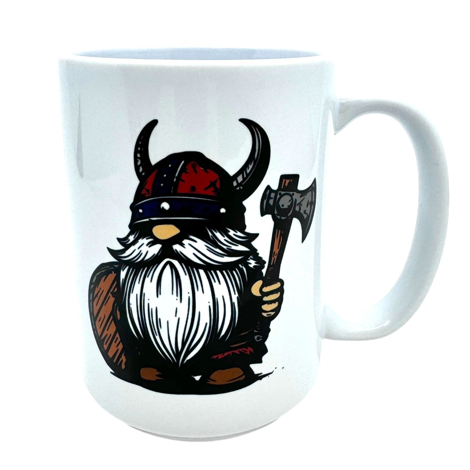 Introducing the "Part Norwegian 100% Viking" ceramic mug (15oz), adorned with a playful cartoon Viking complete with a horned helmet, long beard, axe, and shield. This delightful Norwegian Gnome Viking design brings charm to your kitchen and is conveniently dishwasher safe for effortless cleaning.