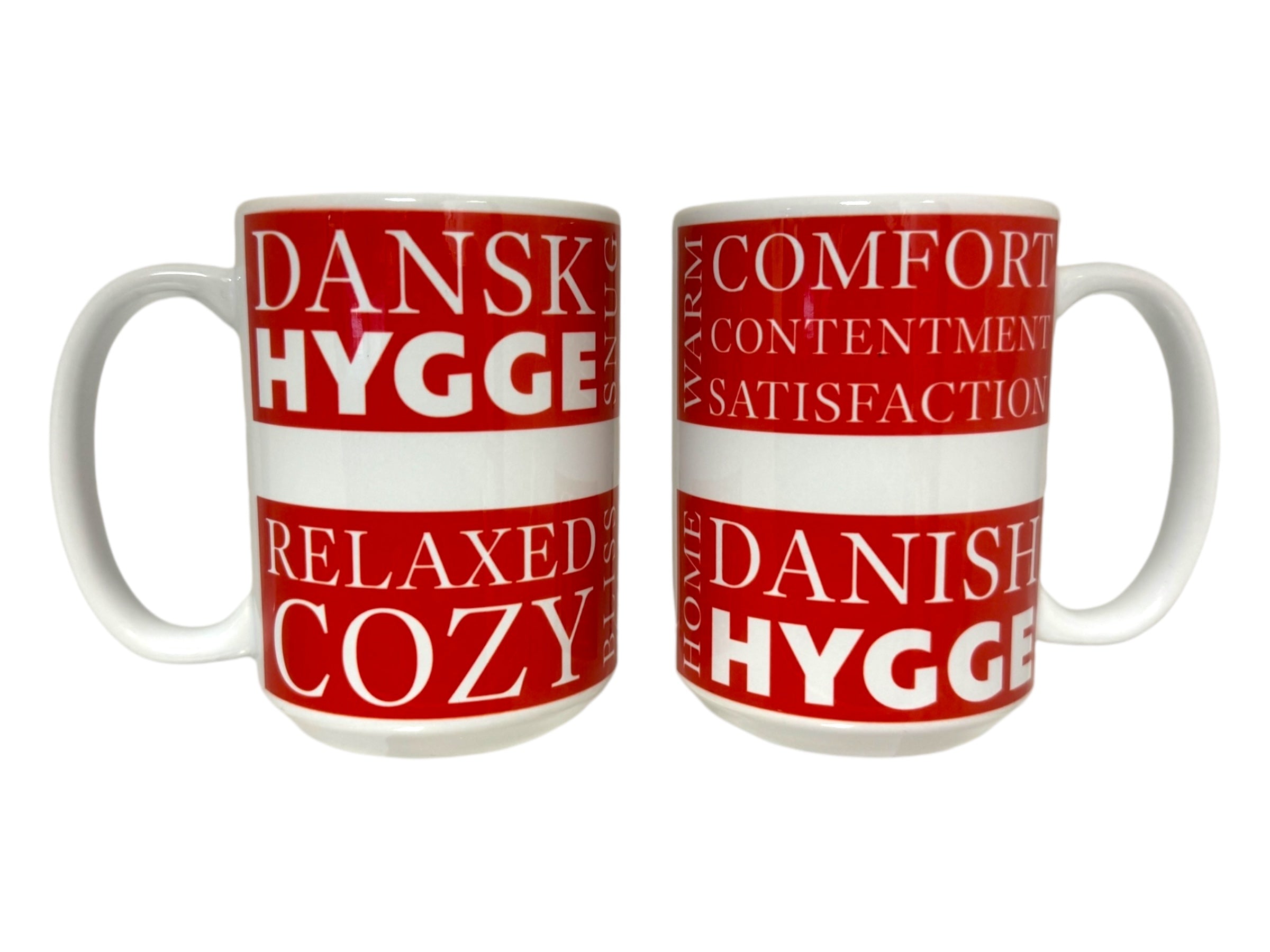 Pair of 15oz Scandinavian Motto Mugs with a red backdrop and bold white words such as Hygge, Danish, Cozy, and Contentment convey the essence of Scandinavian warmth.