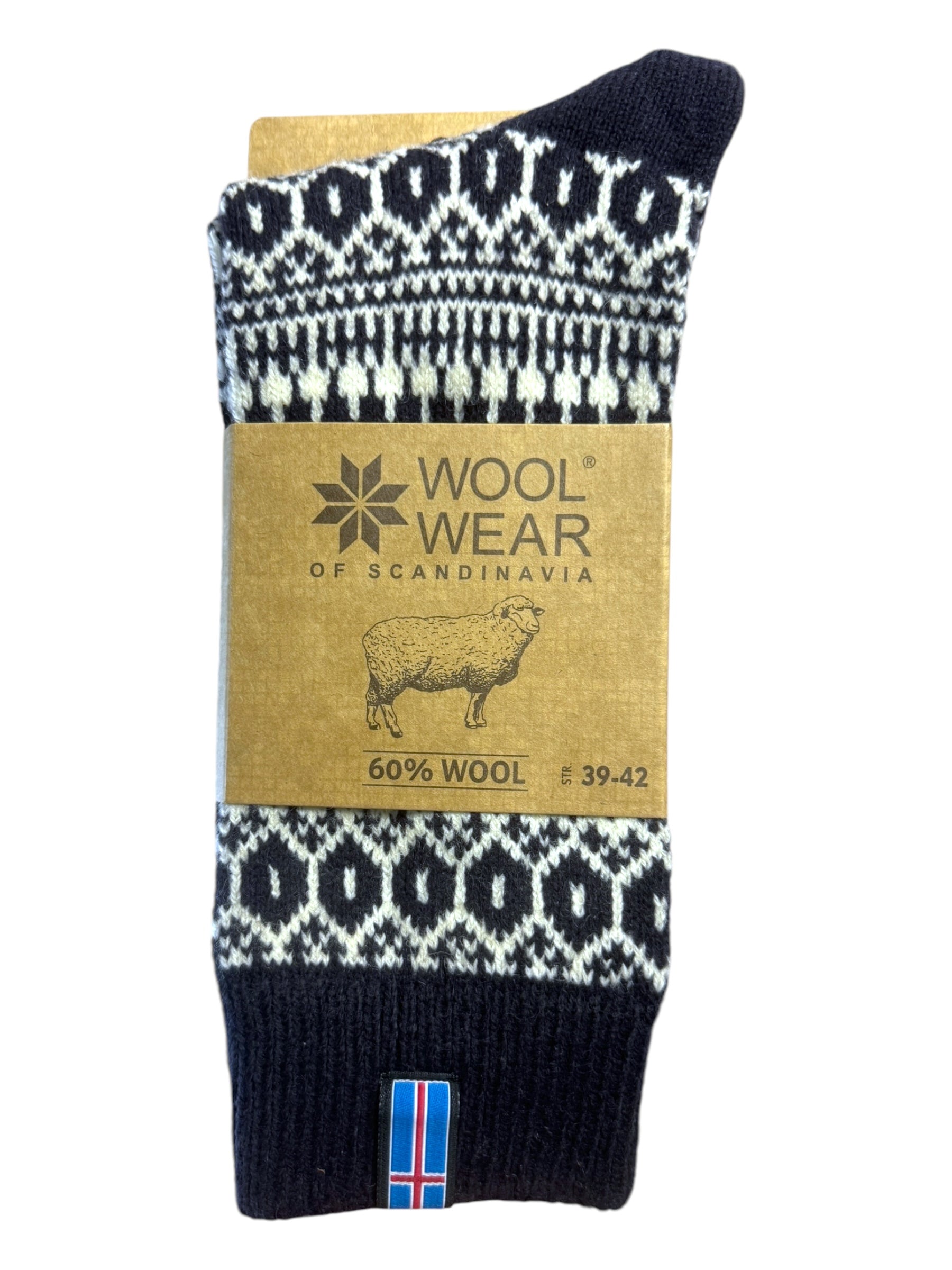 Navy worsted wool socks featuring a Nordic pattern come with a label that reads Wool Wear of Scandinavia, 60% Wool, Size 39-42. An Icelandic flag at the bottom highlights their origin.