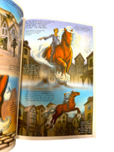 A person rides a large, blazing Dalarna horse in a town square. The backdrop of buildings and people creates a scene reminiscent of a classic comic book page from "Book: The Legend of Prince Erik and The Dalarna Horse," complete with text above and below.