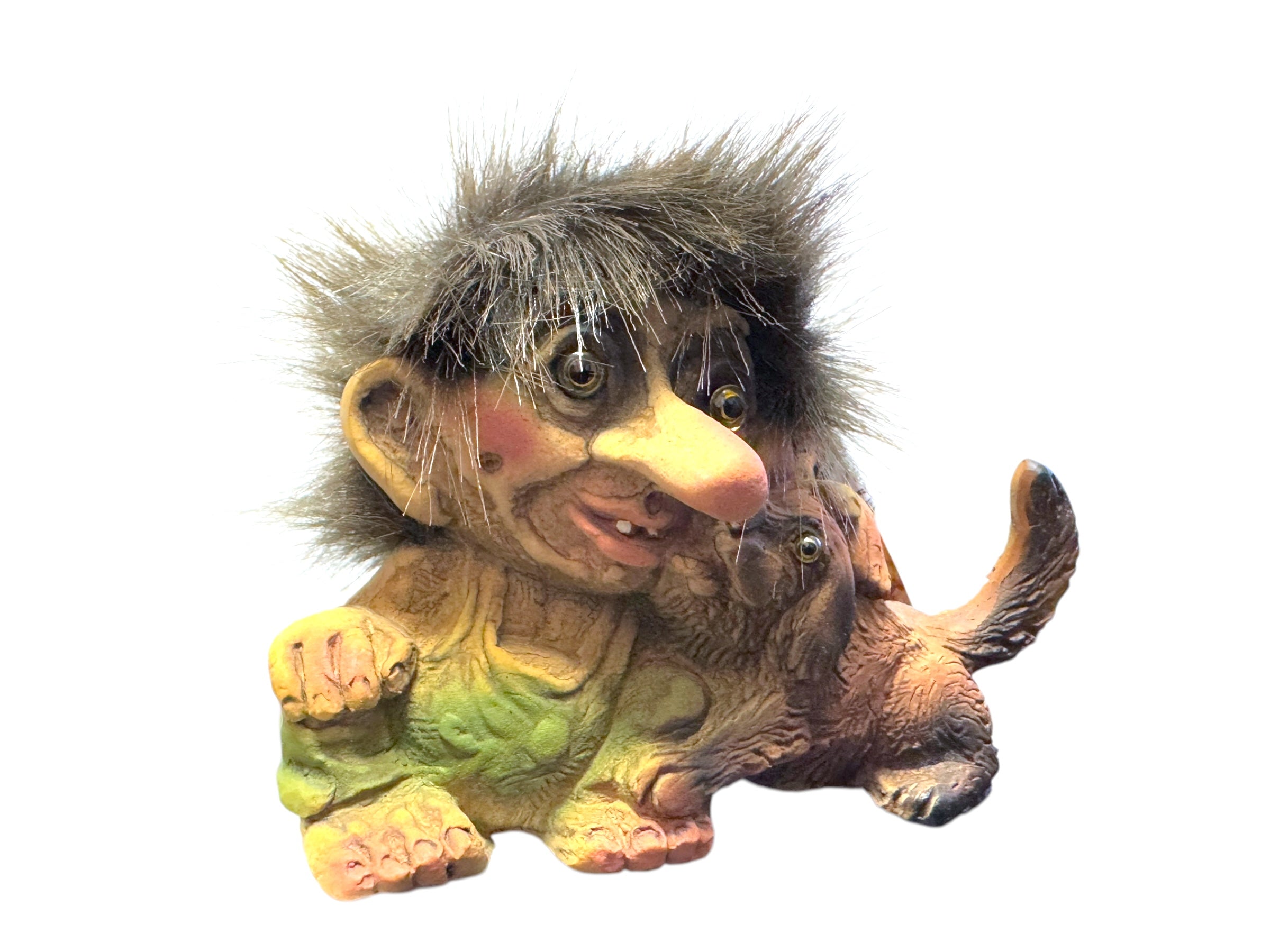 The NyForm Troll with Dog figurine (approx 3.5x3.5) features a troll with shaggy hair sitting beside a dog—a delightful piece of Norwegian design and an ideal collectors item.