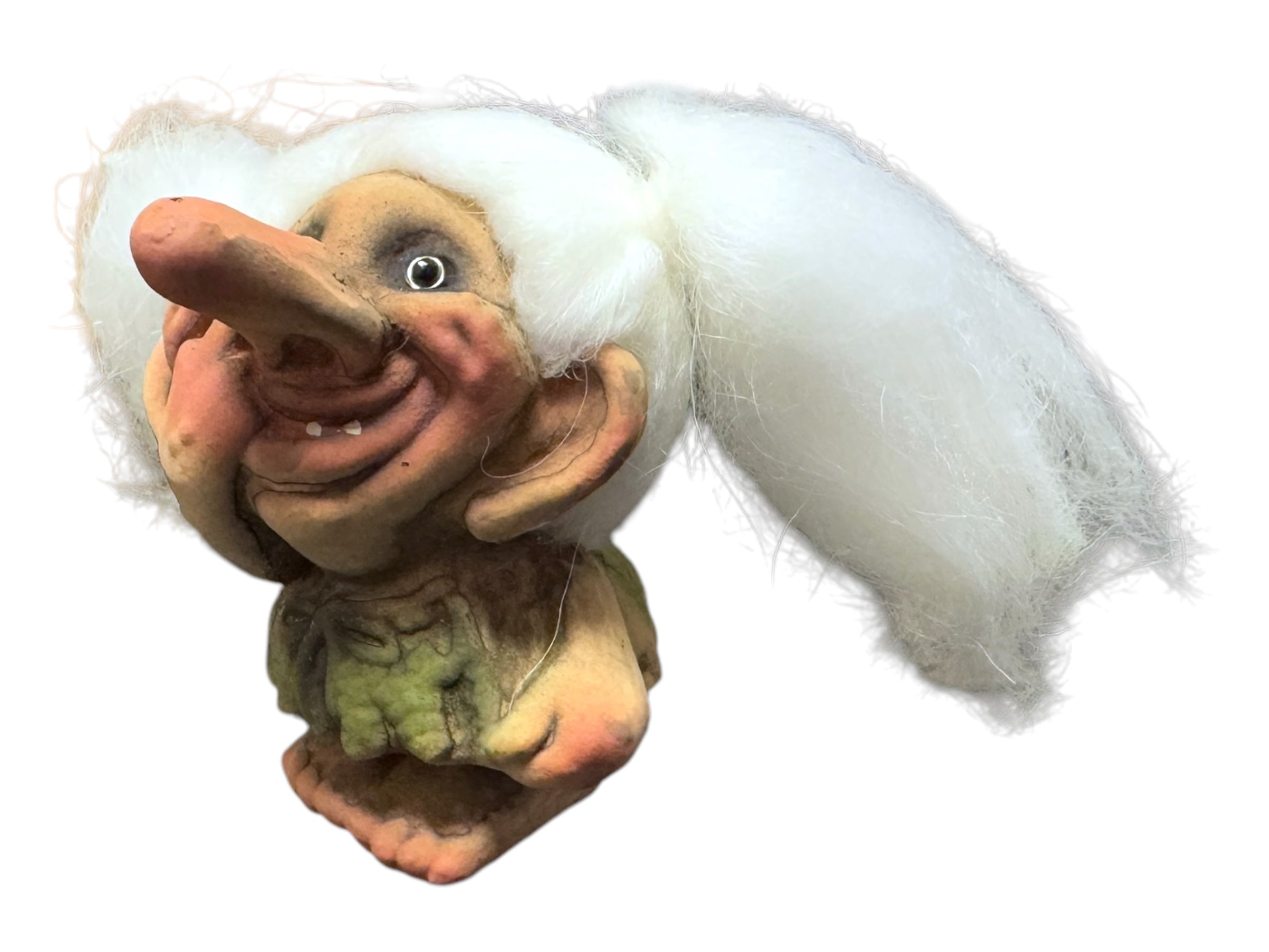 This NyForm Troll figurine, "Troll Girl Picking Her Nose," is a true collector's item showcasing a large nose, wide grin, and white hair styled in playful pigtails.