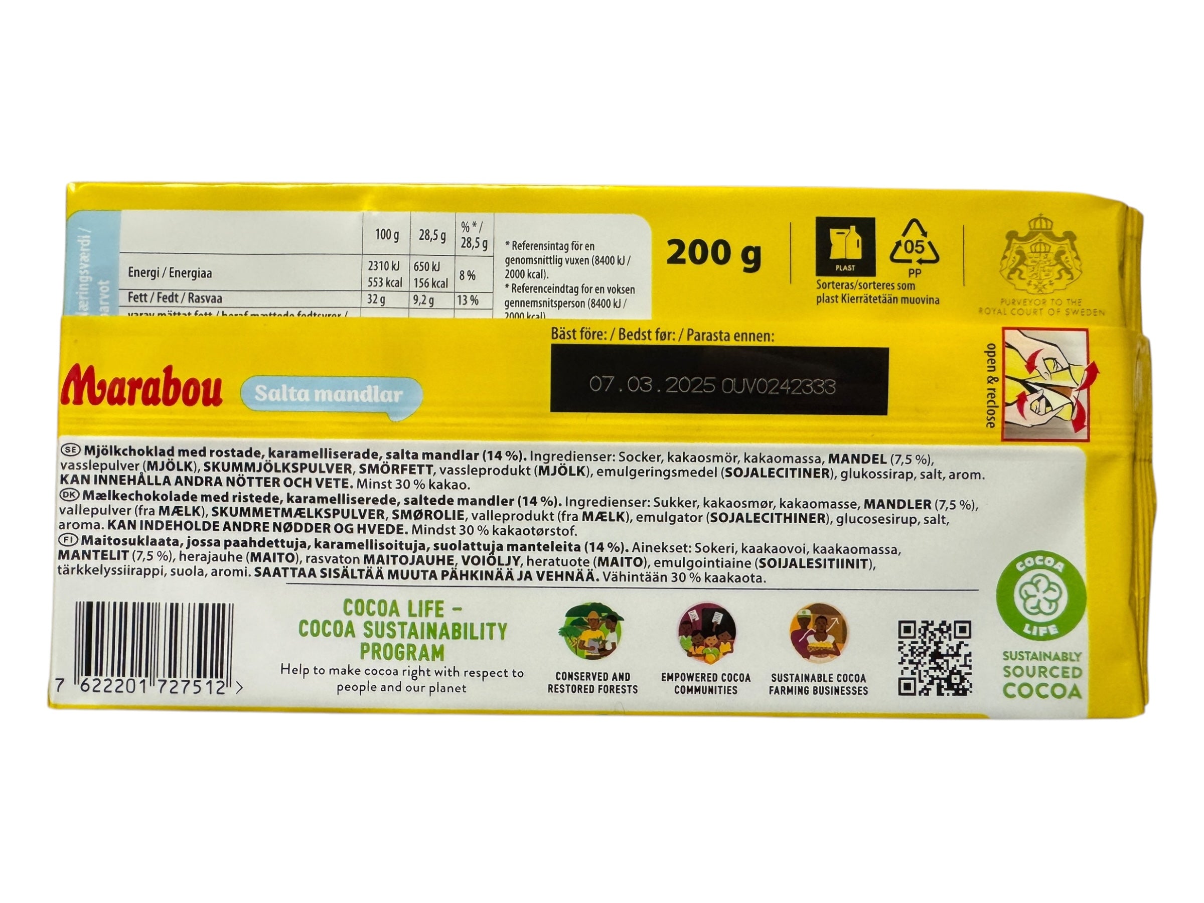 Back of a 200g Marabou Milk Chocolate with Salted Almonds bar, showing ingredients, salted almonds, nutrition facts, barcode, and sustainability logos—presented in Swedish.