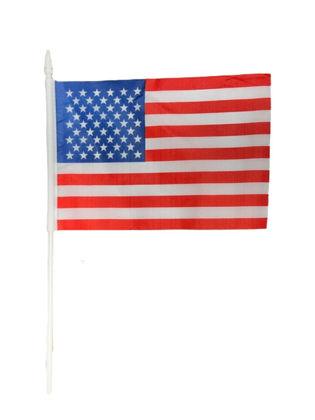 The image shows the Flag: USA United States Mini Flag – a 5x8 handheld American flag on a white pole with fade-resistant colors, 50 white stars, and 13 red and white stripes—ideal for patriotic events.