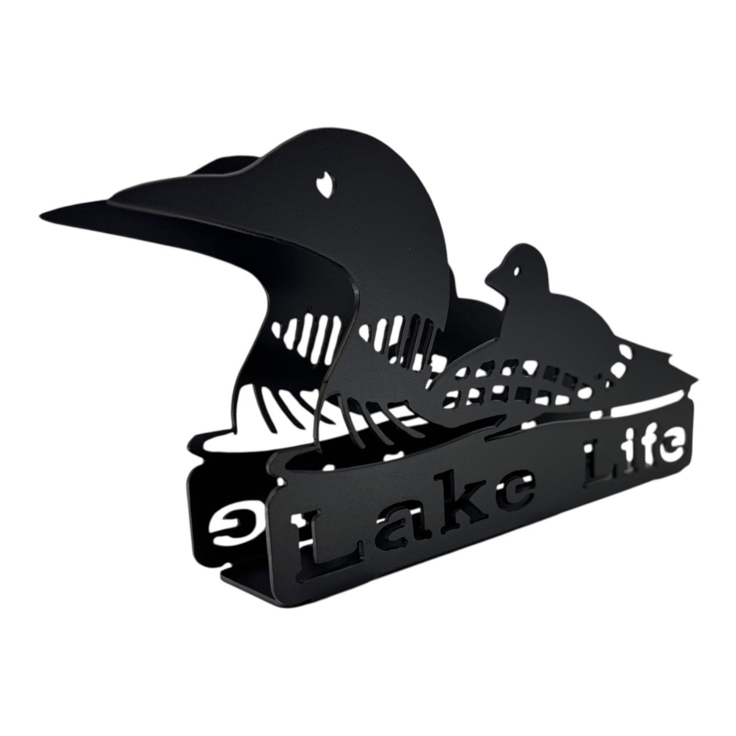 Add cabin charm with the Lake Life Loon Black Metal Napkin Holder, featuring silhouettes of a mama and baby loon on water with “Lake Life” cut out at the base—a perfect accent for lakeside décor.