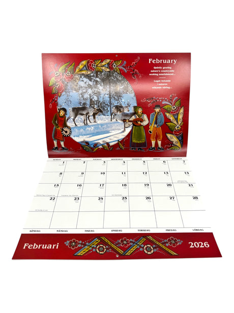 The "Calendar: Sweden 2026 Wall Calendar – Visions & Verse of a Land and Its People" features a February page with red borders and Sámi-inspired art depicting Sámi people with reindeer in a snowy landscape—ideal for fans of Swedish culture.
