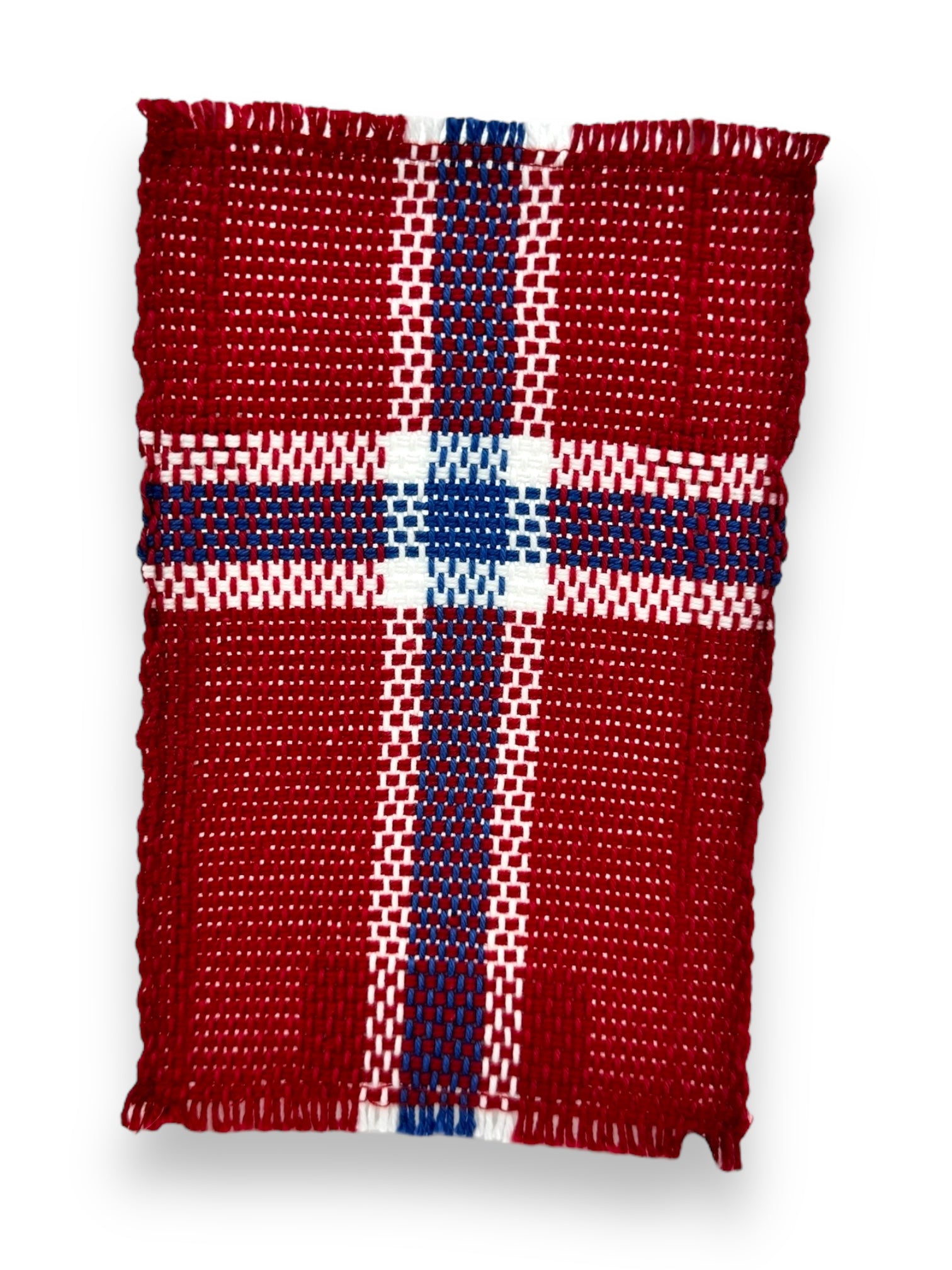 A hand-woven fabric designed with a checkered pattern in red, white, and blue, featuring textured edges and resembling the Coaster: Norway Flag (6.5"x4").