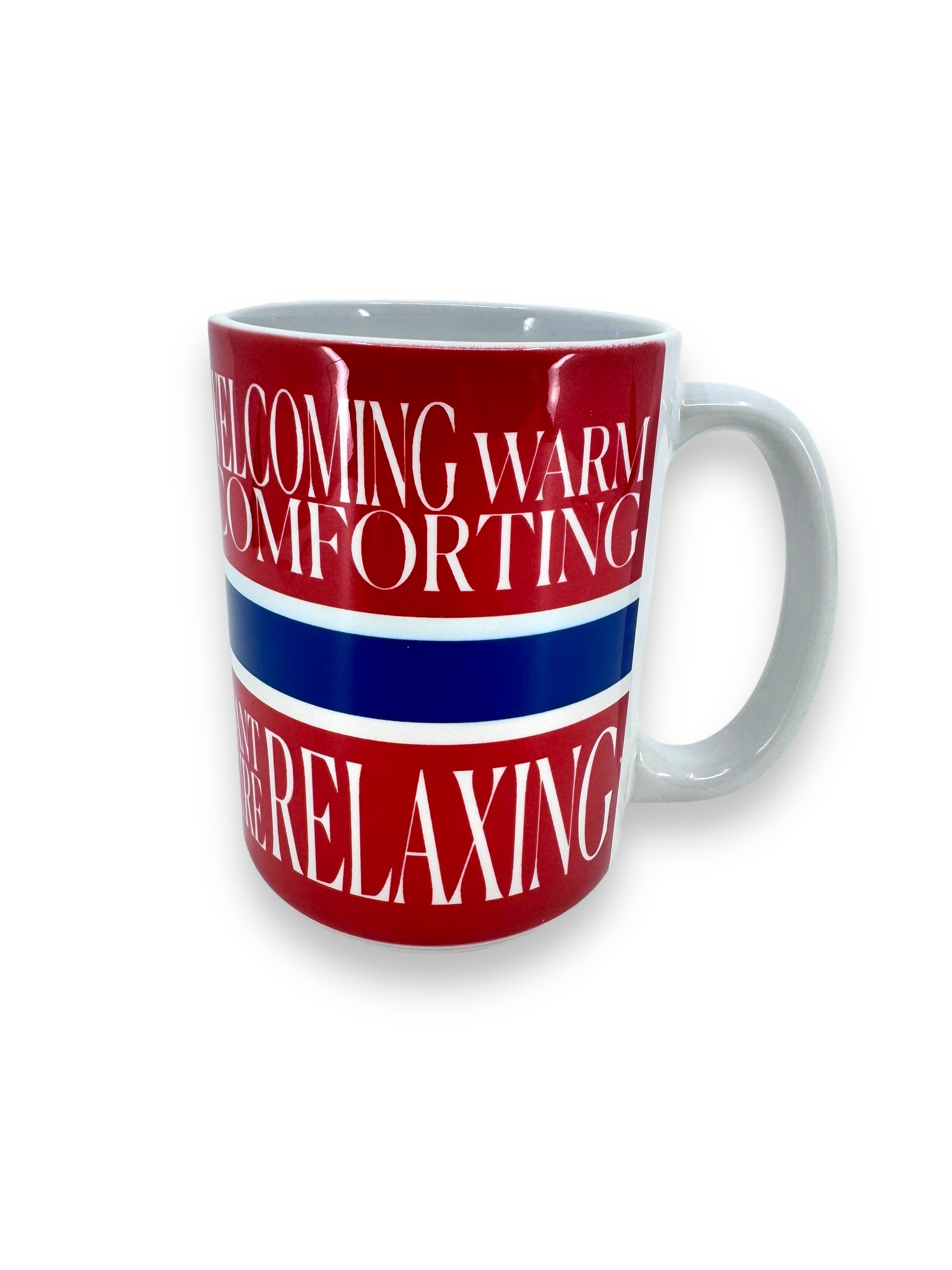 Introducing the 15oz Mug: Scandinavian Motto "Koselig," featuring a red and white ceramic design with blue stripes and adorned with the inspiring words Welcoming, Warm, Comforting, and Relaxing. Each sip embodies the cozy Scandinavian spirit, infusing a sense of Koselig into every moment.