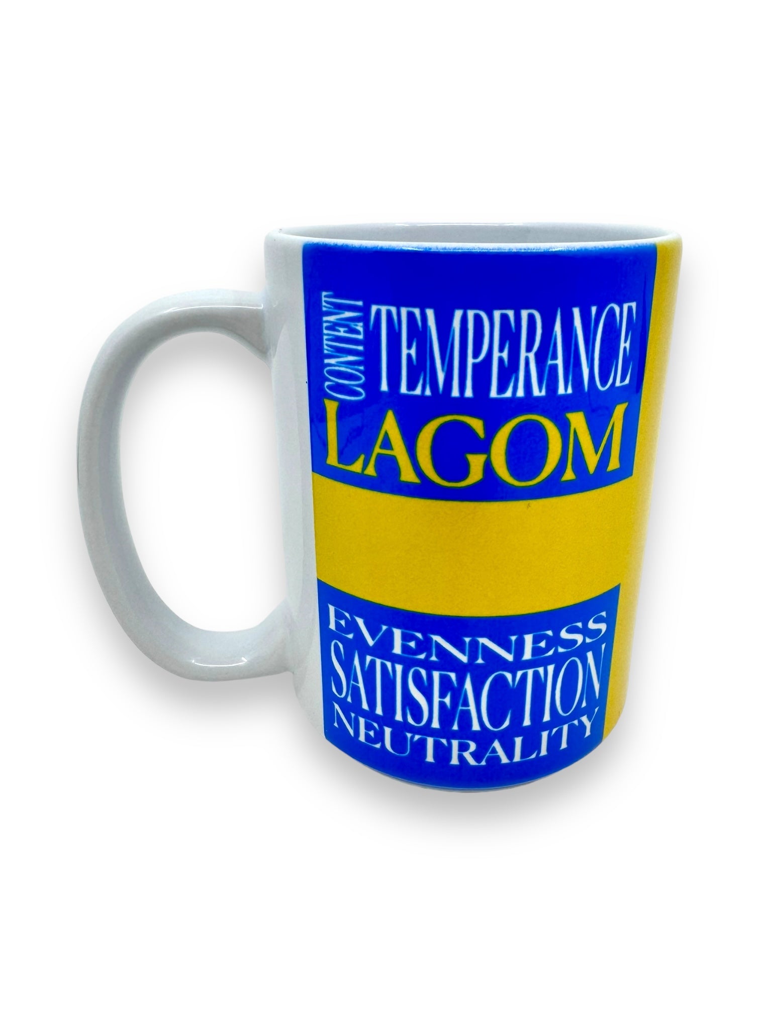 15oz white ceramic mug featuring blue and yellow sections, highlighting the Swedish concept "Lagom" with words such as Content, Temperance, Evenness, Satisfaction, and Neutrality.