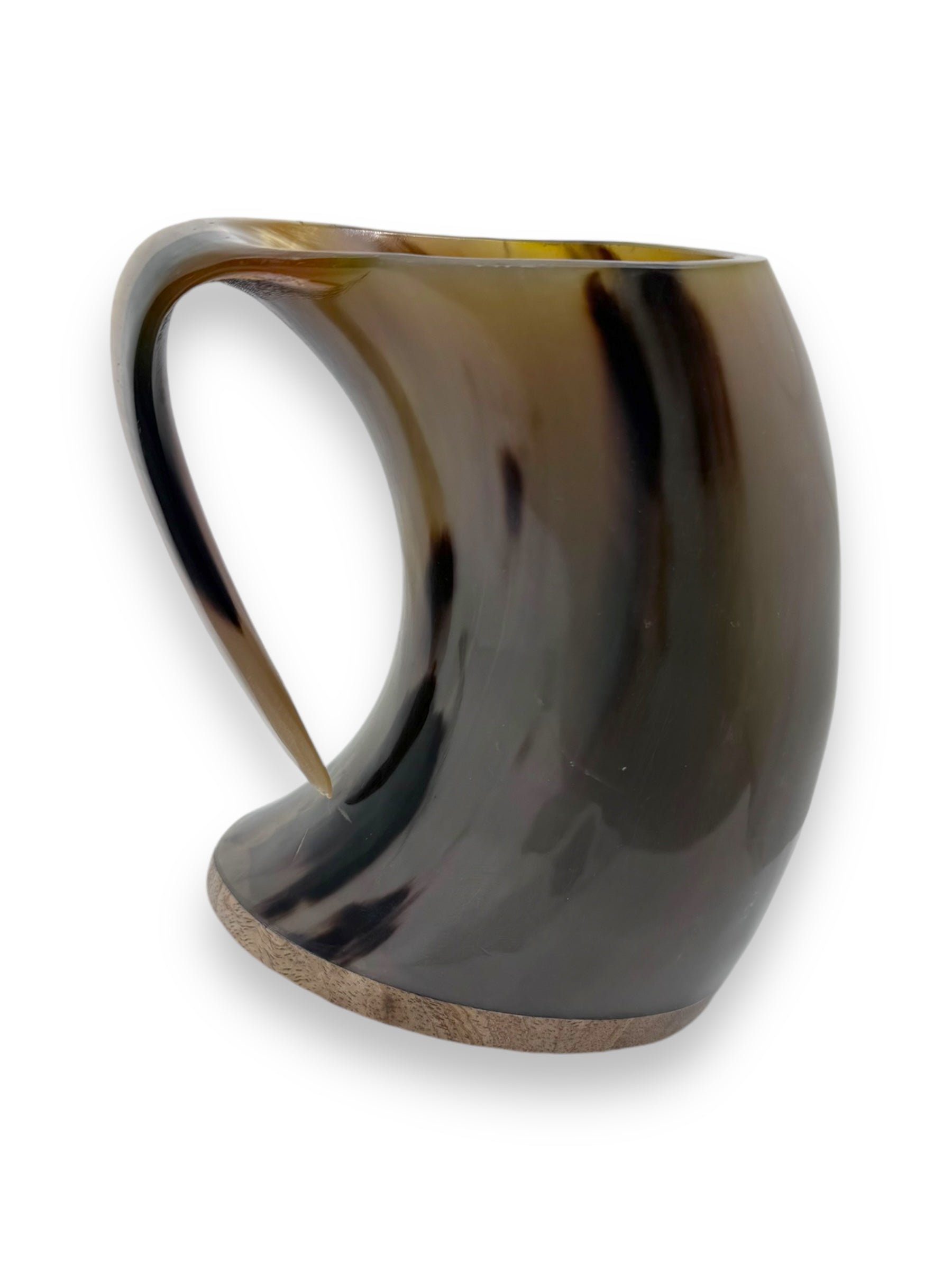 Horn: Viking Drinking Horn Beer Mug, featuring a curved ox horn shape with a handle, and showcasing a glossy marbled pattern in shades of brown and black.