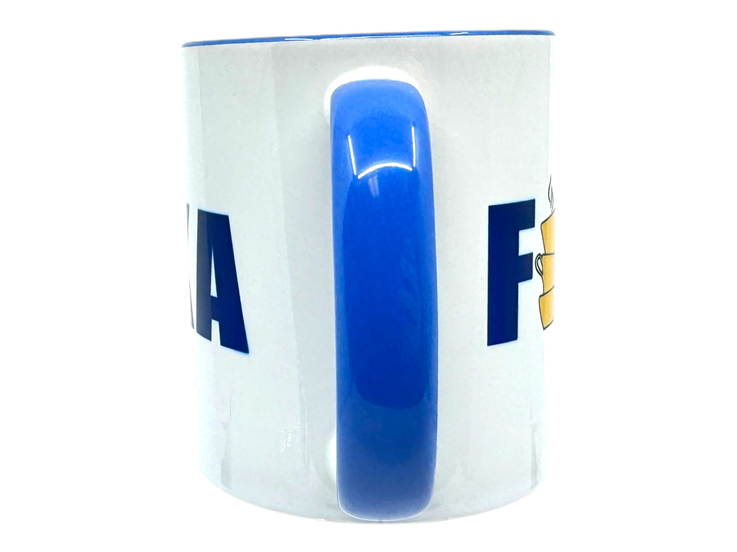 A ceramic mug featuring a blue handle and partially visible blue and yellow text, designed to evoke the essence of Swedish tradition, much like the 11oz Mug: Stacked Fika.