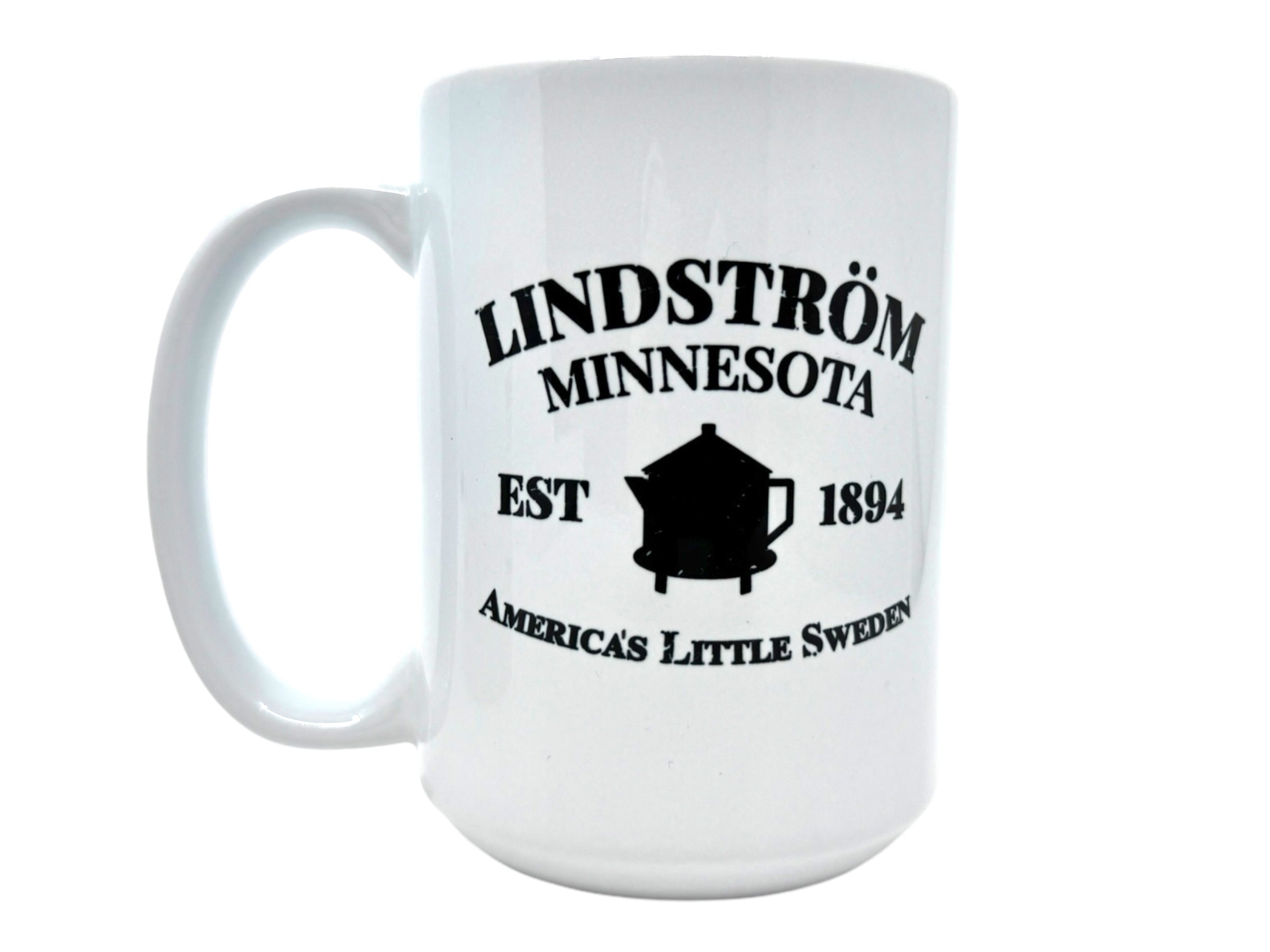 Mug: Lindstrom EST 1894 featuring black text on a white background with the words "Lindström Minnesota, EST 1894, America's Little Sweden" and an image of a coffee pot is available at the Swedish Gift Store.