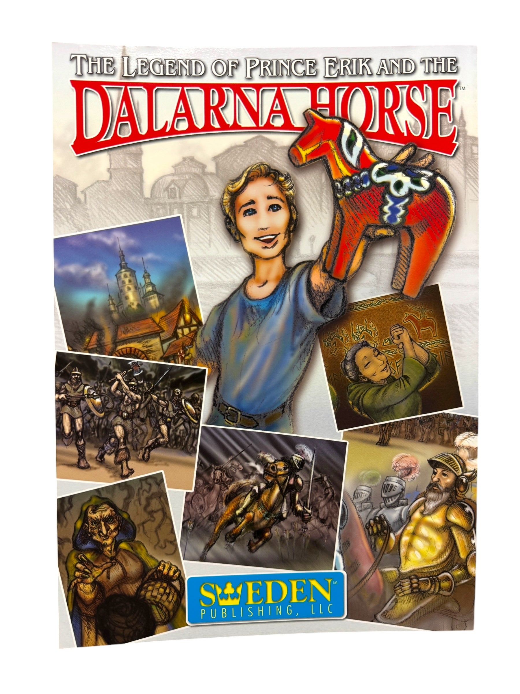 Book cover for The Legend of Prince Erik and The Dalarna Horse, featuring vivid illustrations of a young man with the iconic Dalarna Horse figurine amidst historical and fantasy scenes.