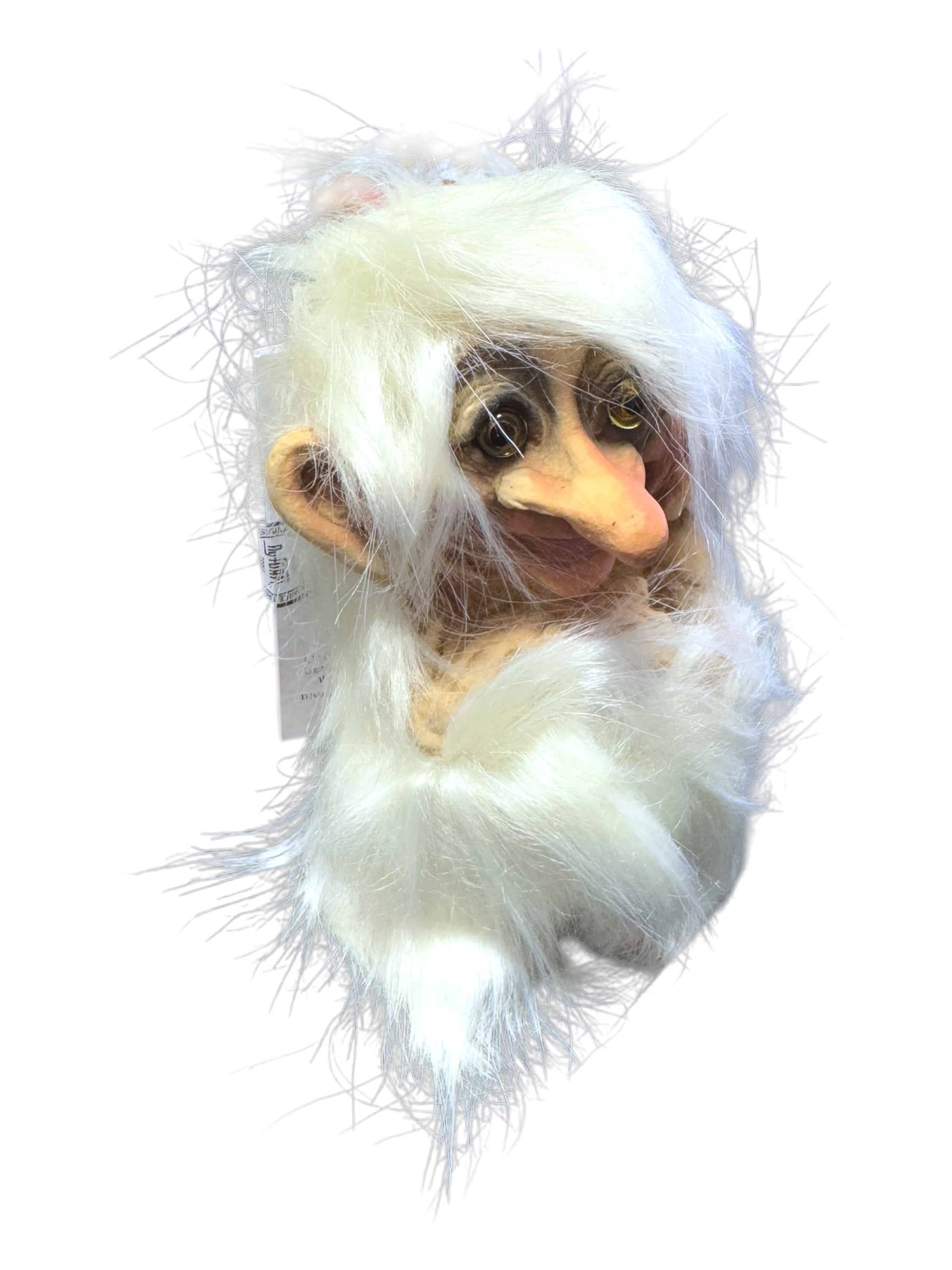 The NyForm - White Hair Troll is a delightful doll featuring exaggerated features and long white hair, handcrafted with a distinctive Norwegian design, making it an ideal collector's item.