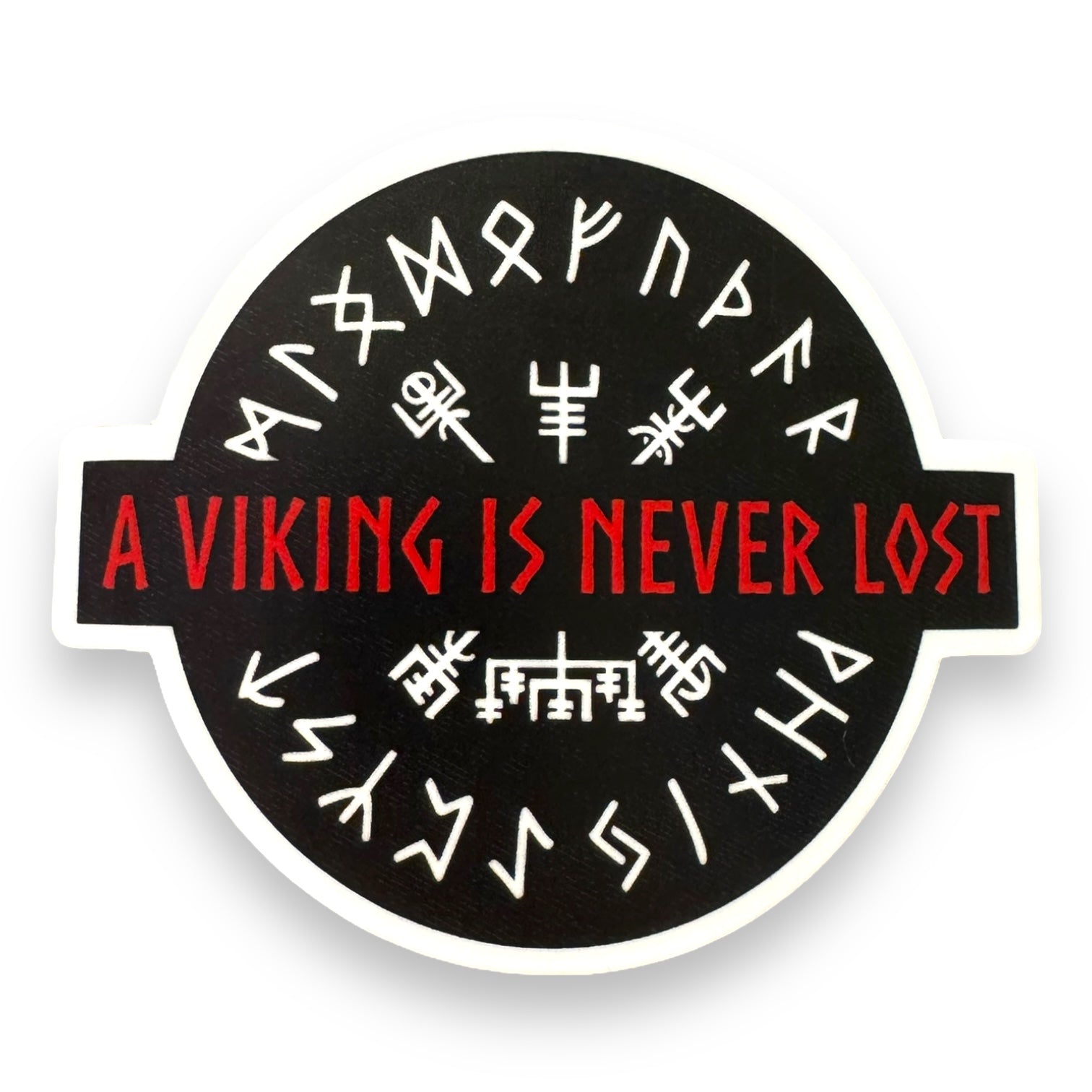 The Viking Compass - A Viking Is Never Lost sticker is circular with runic symbols and a Viking Compass design. Red text pops on a black background, and its UV & water-resistant material ensures it endures all your adventures.