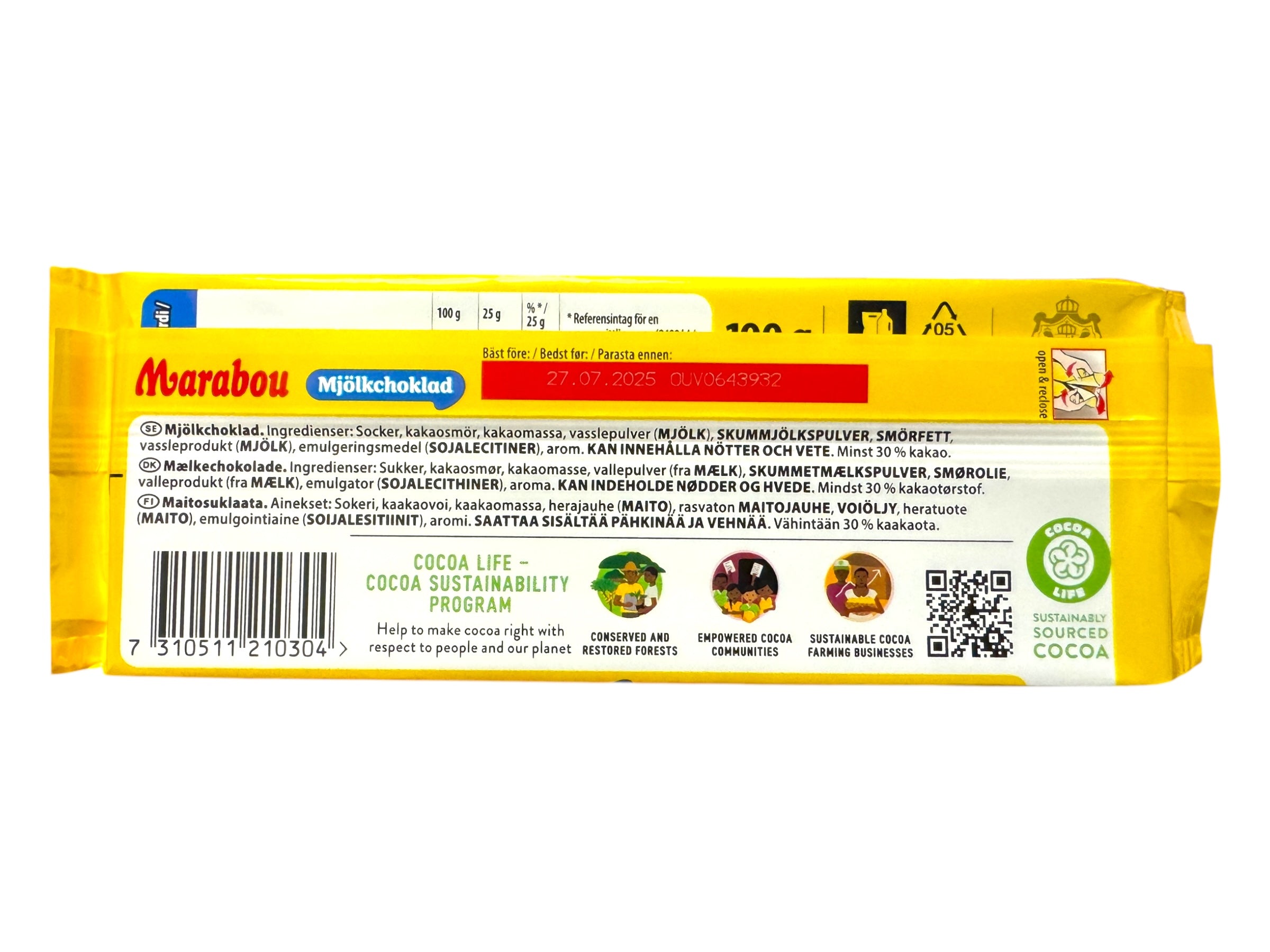 Back of a Marabou Original Milk Chocolate (100g) wrapper featuring nutritional info, ingredients such as rich cocoa butter, barcodes, and sustainability logos.