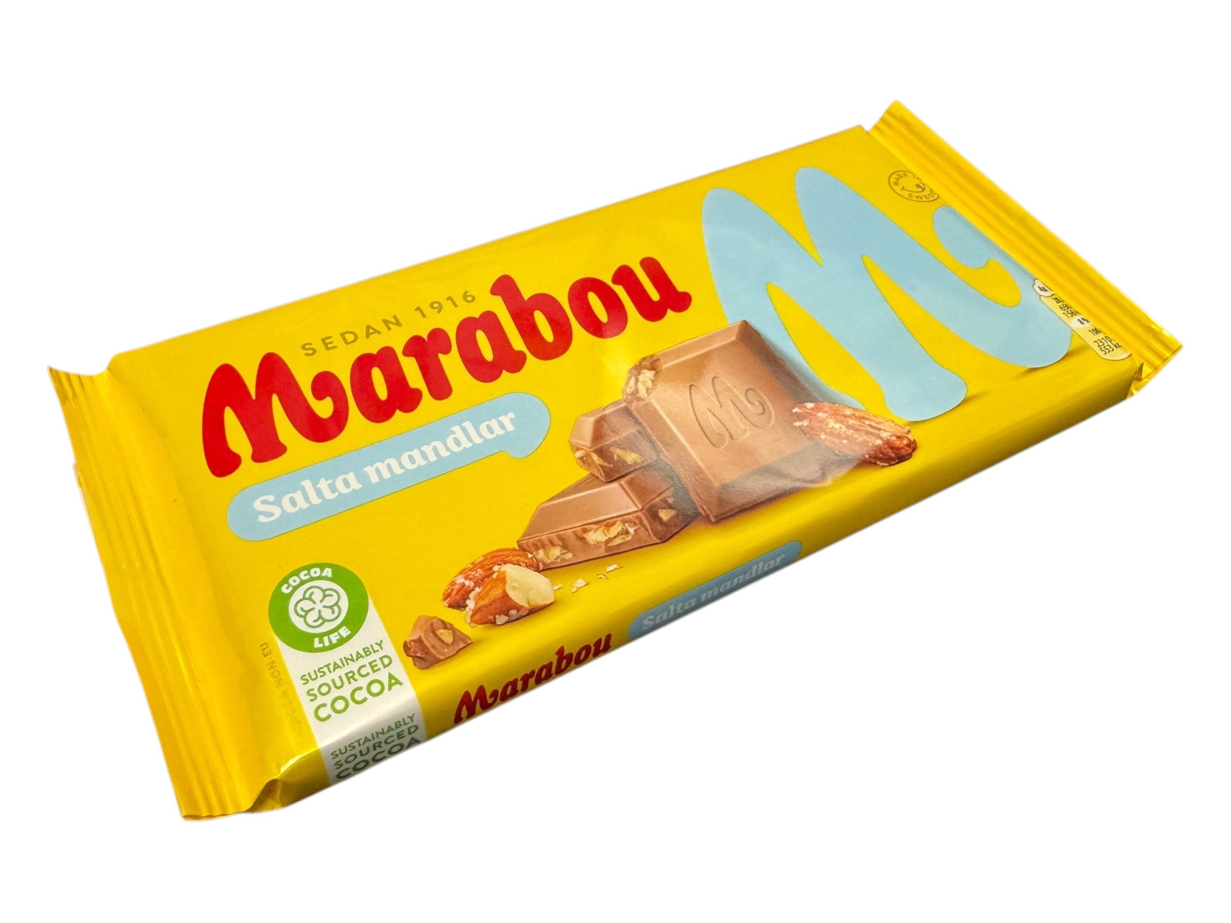 A 200g Marabou Milk Chocolate with Salted Almonds bar features images of chocolate pieces and salted almonds on its bright yellow wrapper.