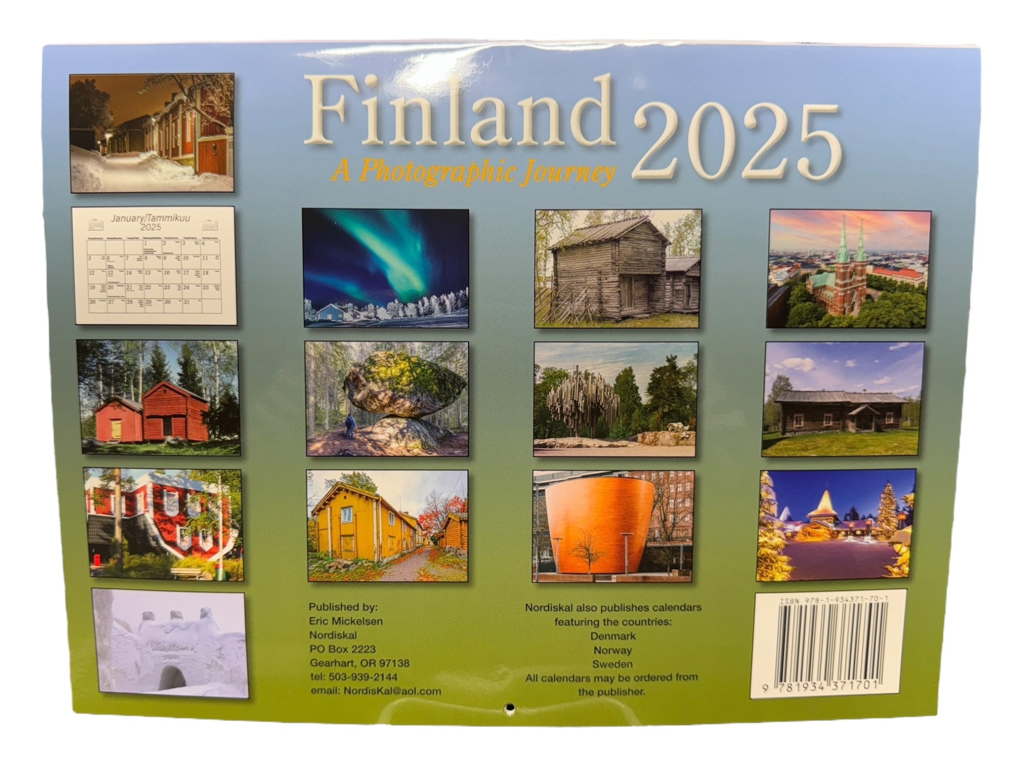 The back cover of the Nordiskal - Finland/Suomi 2025 bilingual wall calendar features 12 captivating images of Finnish landscapes, a contact section, a barcode at the bottom, and notes on Finnish Name Days.