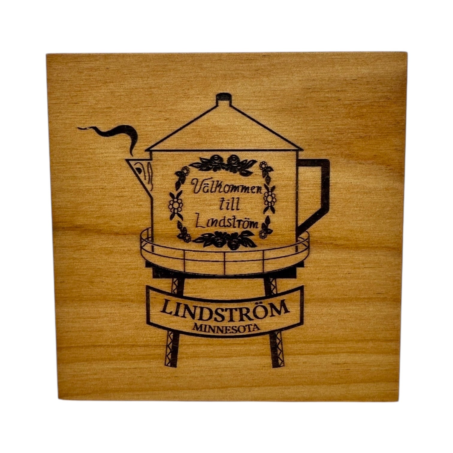 Square Alder Coaster (4x4) featuring the Lindstrom Coffee Pot Water Tower and Välkommen till Lindström—a perfect nod to Swedish FIKA and Lindström, Minnesota.
