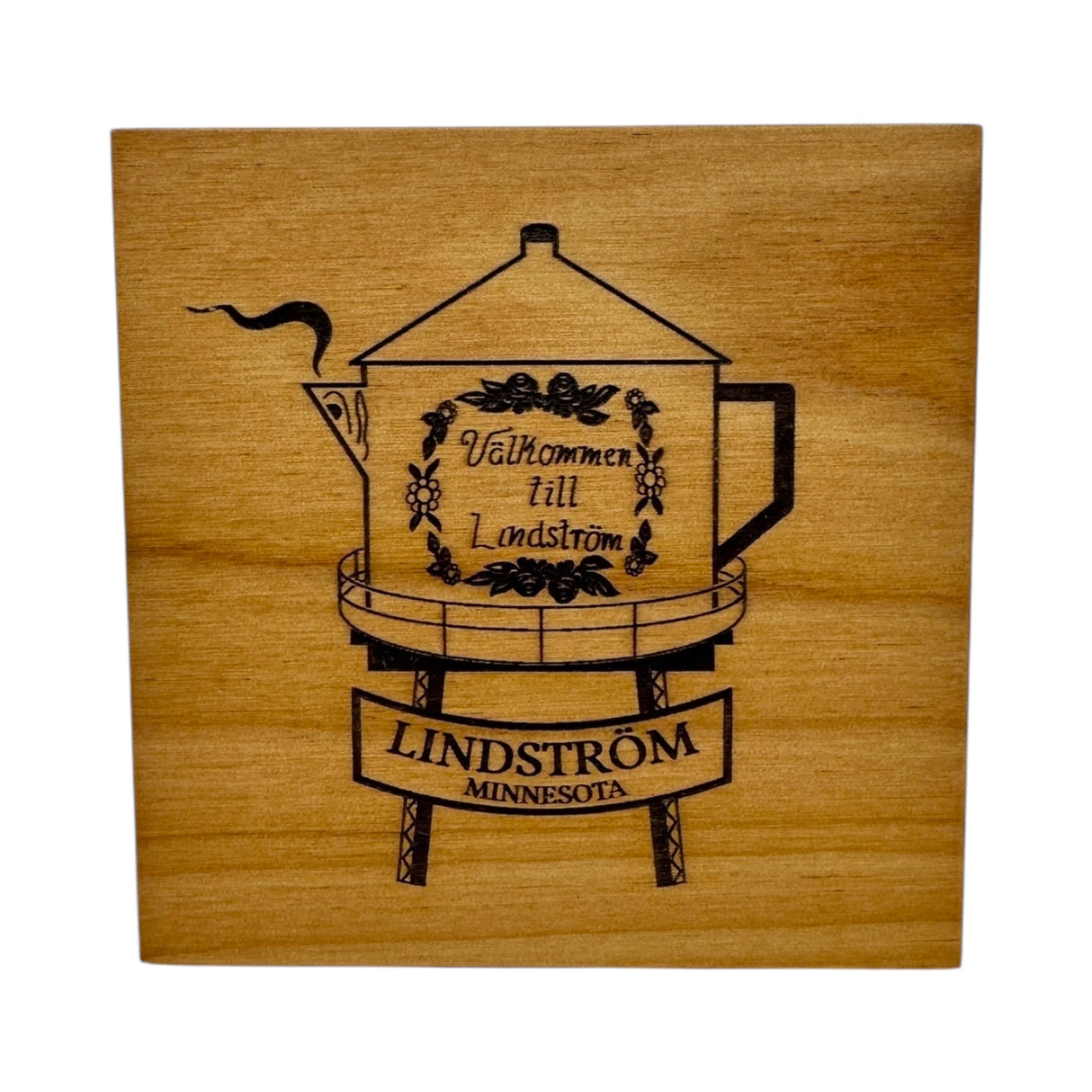 Square Alder Coaster (4x4) featuring the Lindstrom Coffee Pot Water Tower and Välkommen till Lindström—a perfect nod to Swedish FIKA and Lindström, Minnesota.