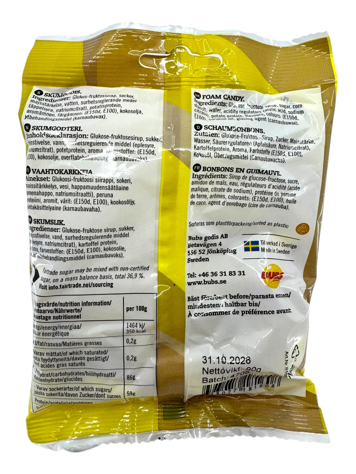 Back view of a Bubs Goody Banana Toffee Ovals (90g) vegan candy package, showing nutritional facts, ingredients, and manufacturer details in multiple languages. Made with Fairtrade-certified sugar.
