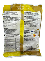 Back view of a Bubs Goody Banana Toffee Ovals (90g) vegan candy package, showing nutritional facts, ingredients, and manufacturer details in multiple languages. Made with Fairtrade-certified sugar.