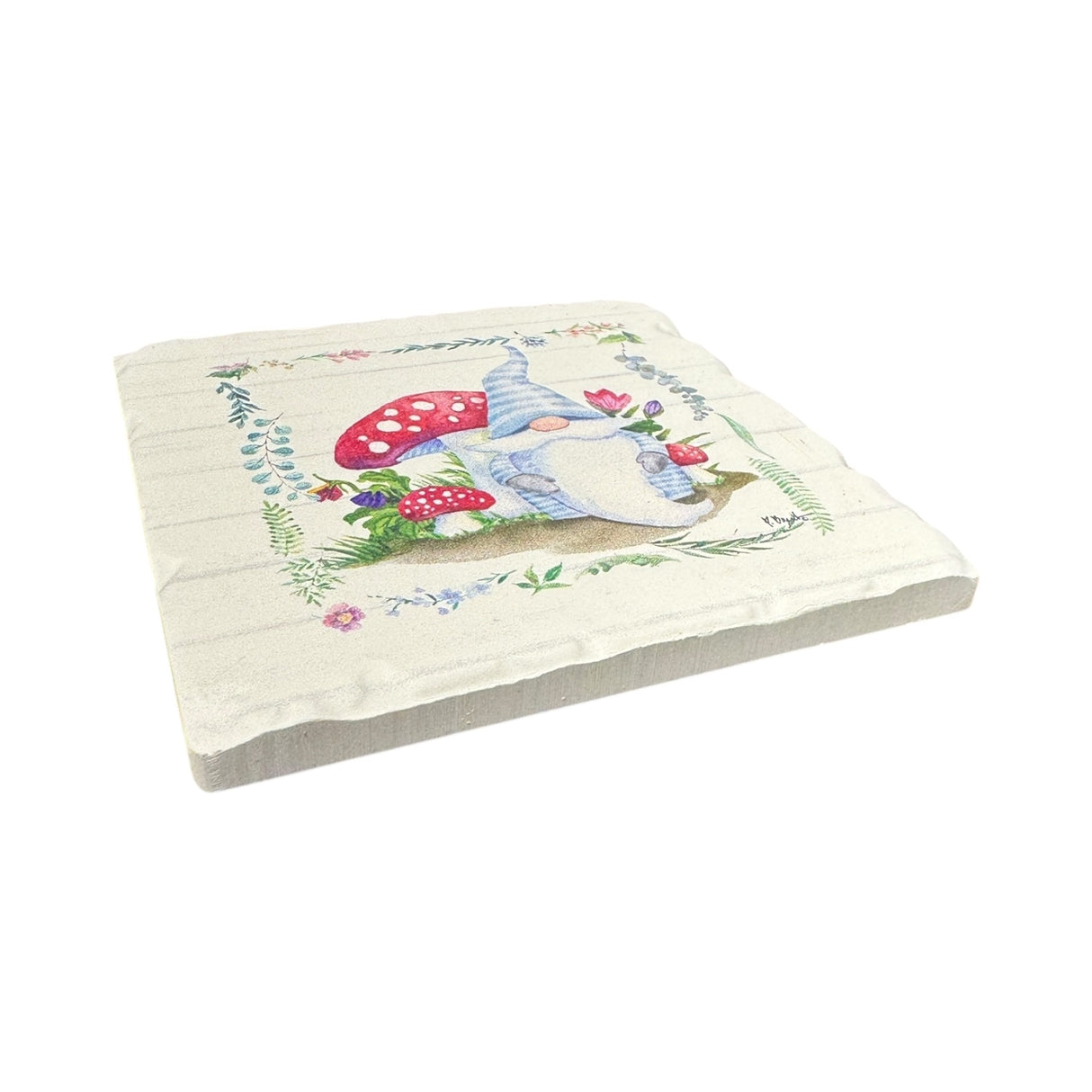 Square cushion with a gnome, red mushrooms, green leaves, and flowers on white—pair with our Spring Tomte Gnomes Tumbled Tile Coaster Set of 4 (4" square) for a charming set featuring absorbent stone and cork backing.