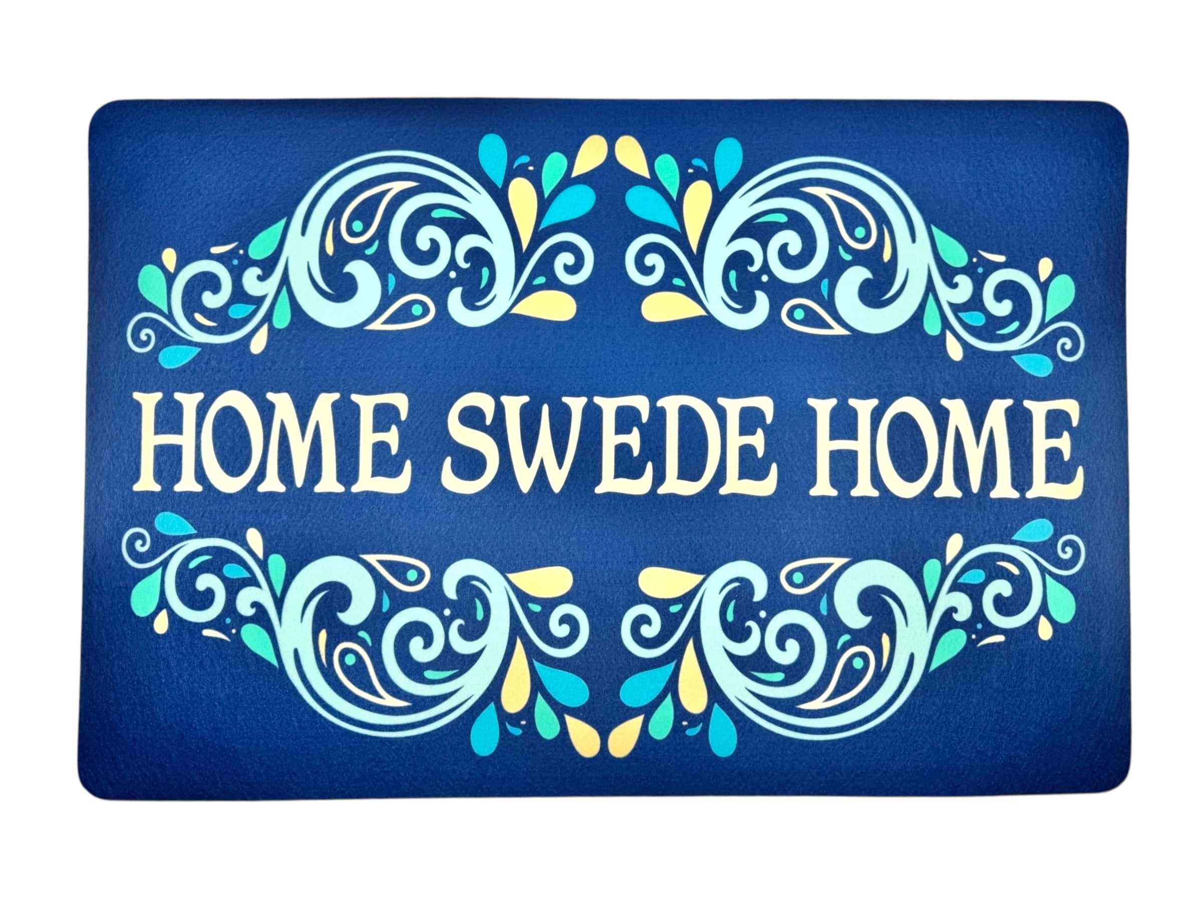 The Rug: Home Swede Home 16 x 24 is a blue novelty rug with decorative patterns and HOME SWEDE HOME in the center, bringing Scandinavian charm to your entryway.