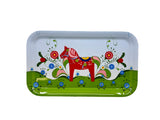 Add Scandinavian charm to your decor with this novelty melamine tray featuring a red Swedish Dala Horse motif, set on a white and green floral background. Perfect for serving or display.