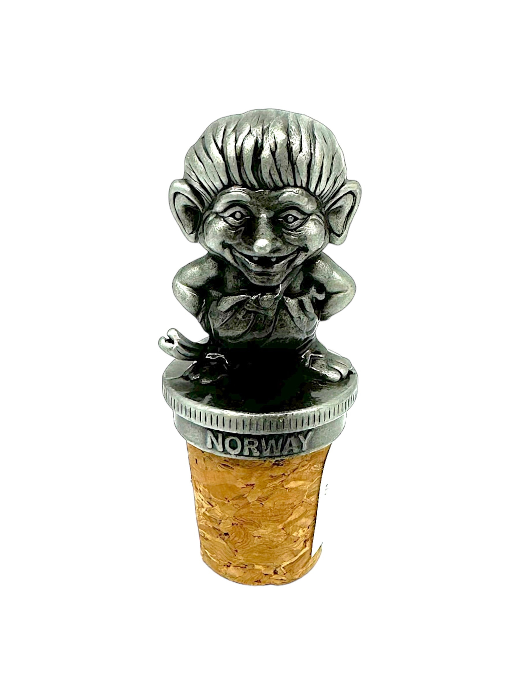 This cork bottle stopper features a delightful pewter troll figure on top, with "NORWAY" beautifully engraved on its base.