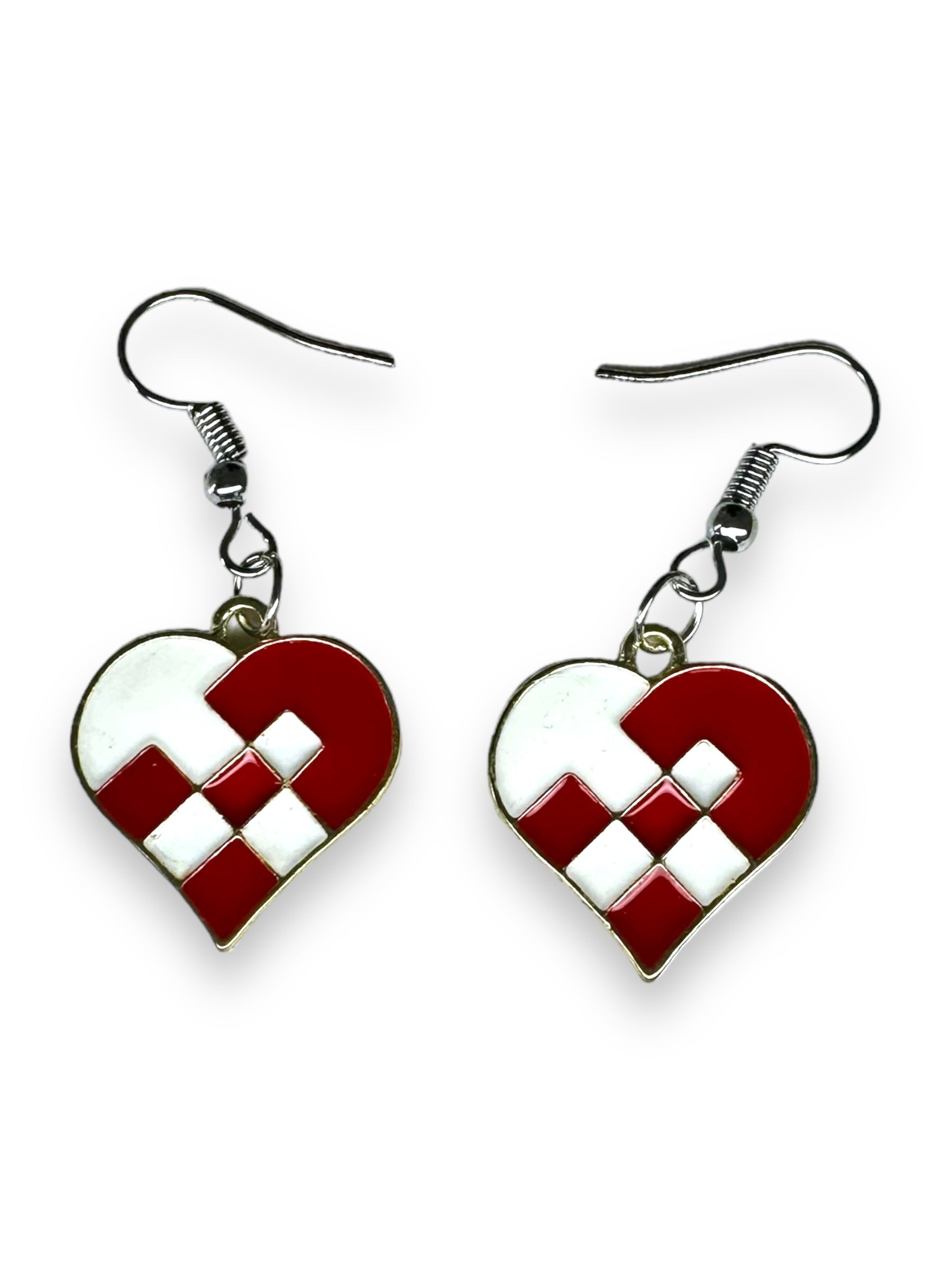 Presenting the Earrings: Danish Braided Heart Earrings, a chic addition to any jewelry collection. These captivating earrings showcase heart-shaped designs adorned with an intricate red and white woven pattern, crafted from premium metal and equipped with hook fastenings for a secure and comfortable fit.