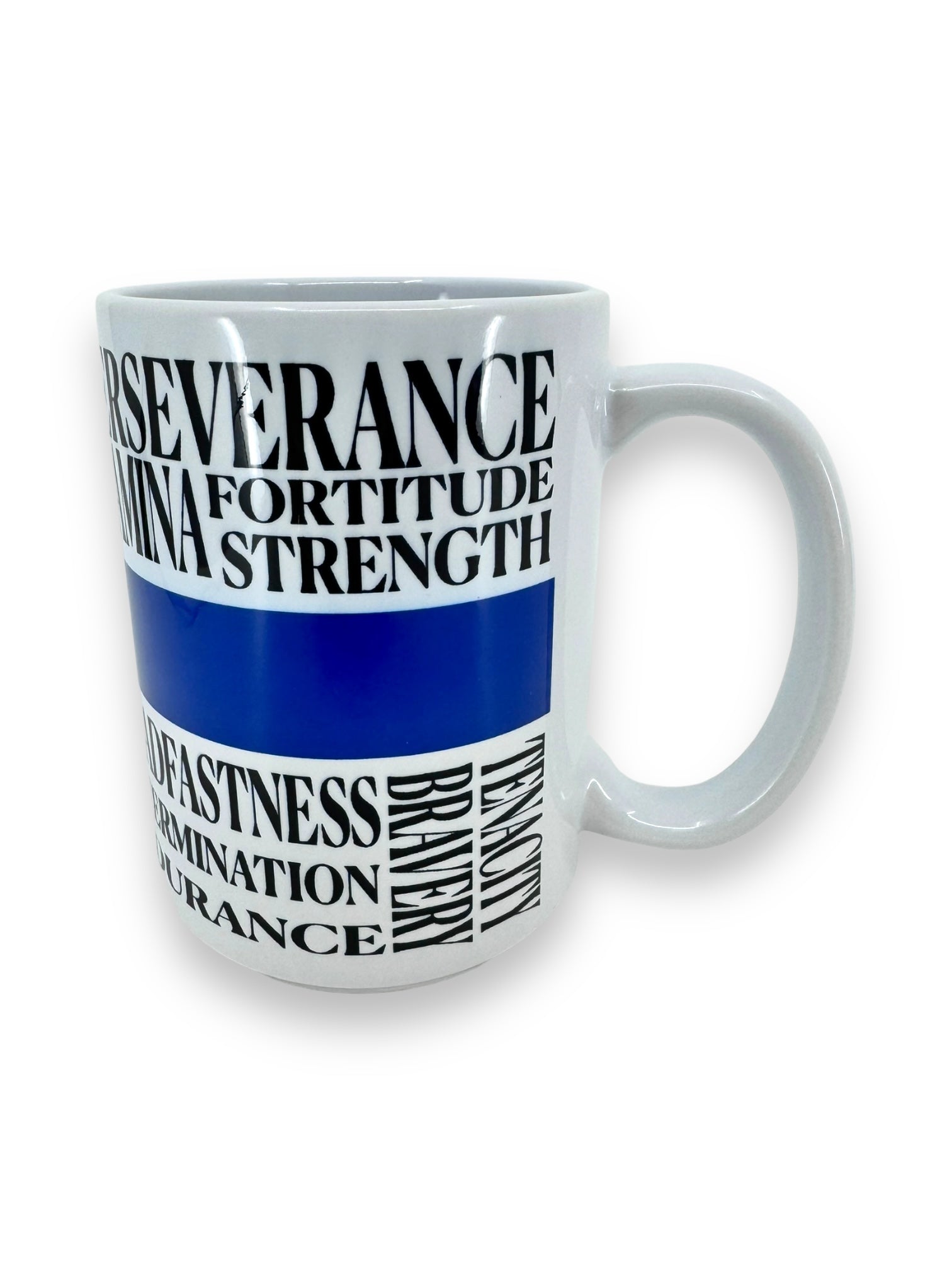 The Mug: Scandinavian Motto "Sisu" (15oz) features a white ceramic body adorned with words such as PERSEVERANCE, FORTITUDE, STRENGTH, BRAVERY, TENACITY, and ENDURANCE in bold black text against a blue stripe background. Embrace the spirit of Sisu with this Scandinavian-inspired design.