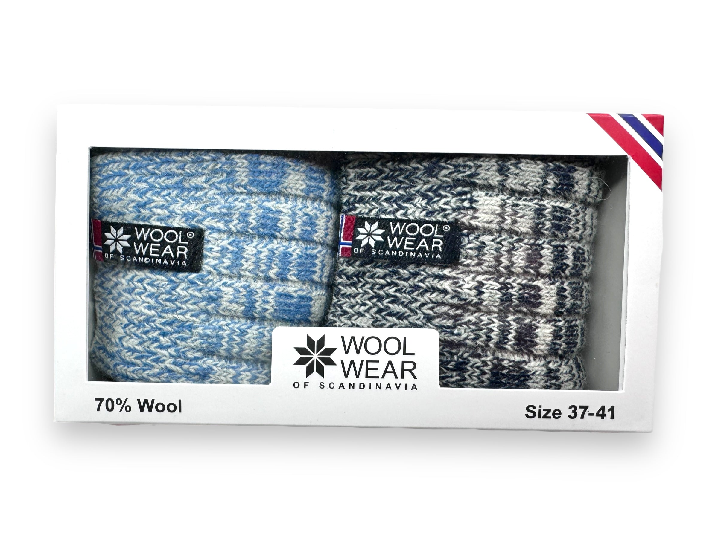 This stylish gift box includes two pairs of WoolWear socks from the "Socks: Wool Wear 2-Pack - Norway or Sweden" collection, showcasing vibrant blue and gray designs with a touch of the Norwegian flag. Made from 70% wool, they are ideal for sizes 37-41.