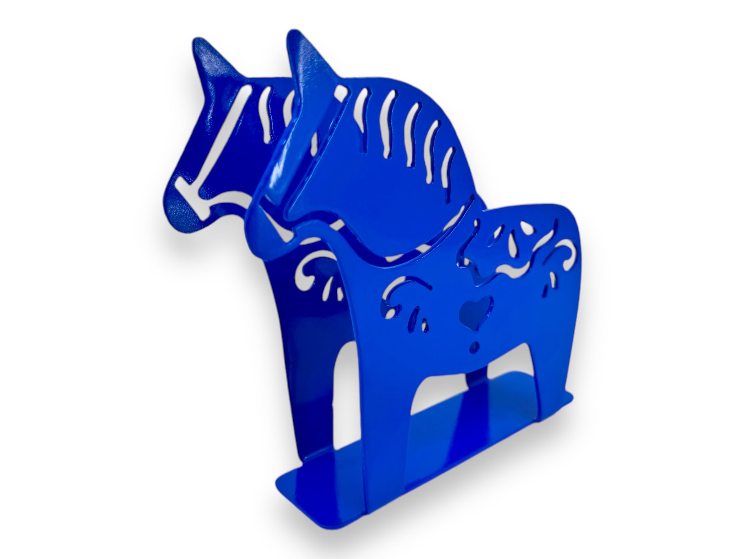 Blue Laser Cut Metal Dala Horse Sculpture, featuring two stylized horses with intricate designs, standing side by side.