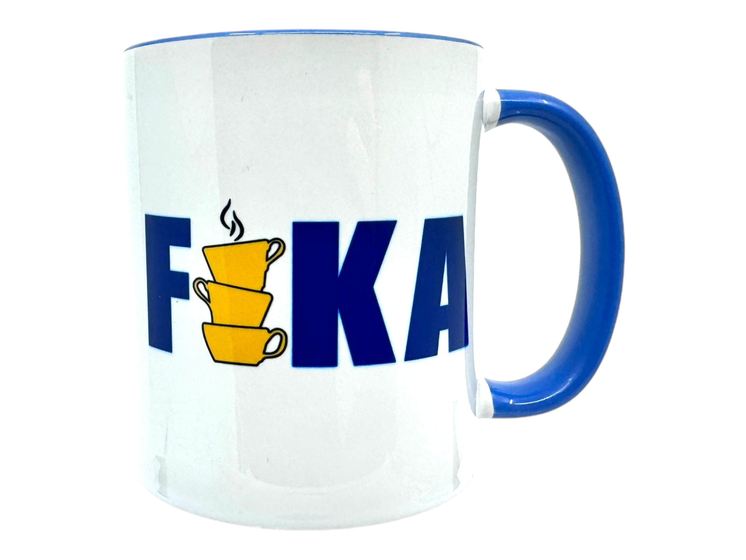 The Stacked Fika 11oz ceramic mug, inspired by the Swedish custom, features a white base with a blue handle and prominently displays the word "FIKA" in blue letters. The unique touch is the letter "I," which is artfully represented by two stacked yellow coffee cups with steam elegantly rising from them.