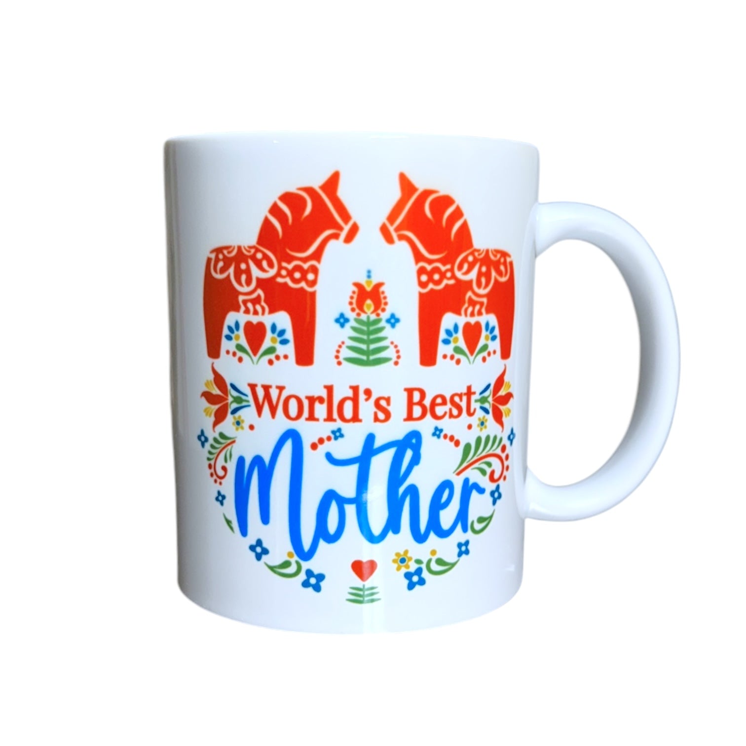 11 oz white ceramic mug featuring a Nordic Scandinavian design with Swedish Dala horses and the text World’s Best Mother in colorful, decorative lettering—perfect coffee cup for Mom on Mother’s Day.