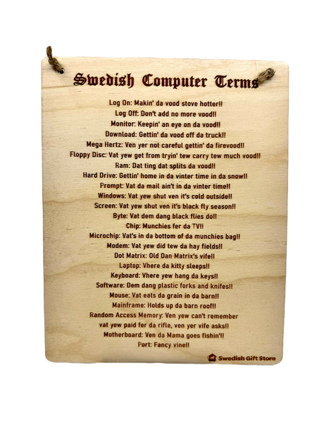 The Novelty Signs: Swedish Computer Terms plaque humorously lists computer terms in Swedish-accented English, featuring a Swedish Gift Store logo at the bottom.