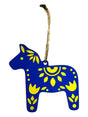 The Ornaments: Swedish Dala Horse with Kurbits Blue & Yellow captures a beloved Swedish Christmas tradition with its blue body, yellow Kurbits patterns, and twisted beige hanging string.