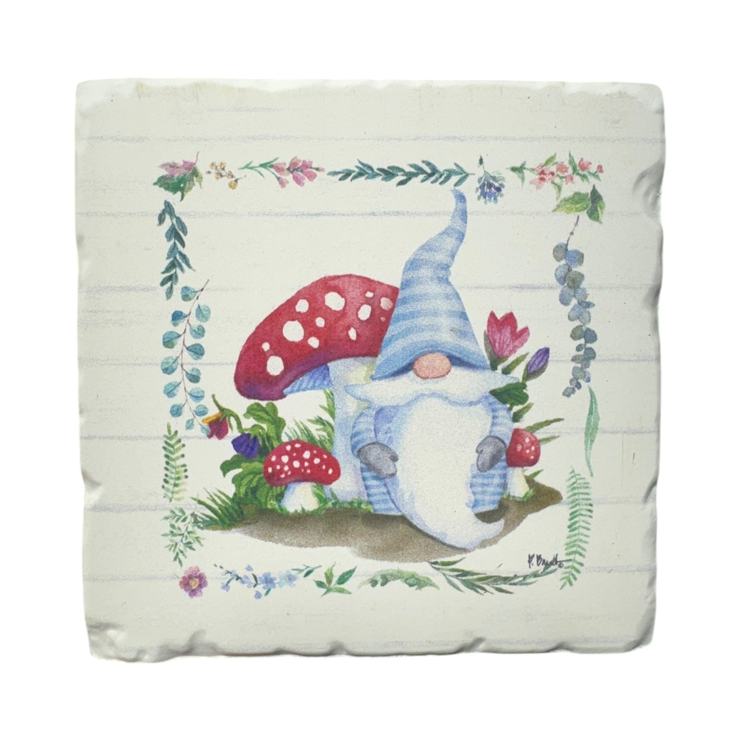 The Coaster: Spring Gnomes Tumbled Tile Coaster features a rustic gnome among red mushrooms and flowers, framed by a floral border. Available in yellow, blue, green, or pink—ideal for spring decor or as charming absorbent stone coasters.