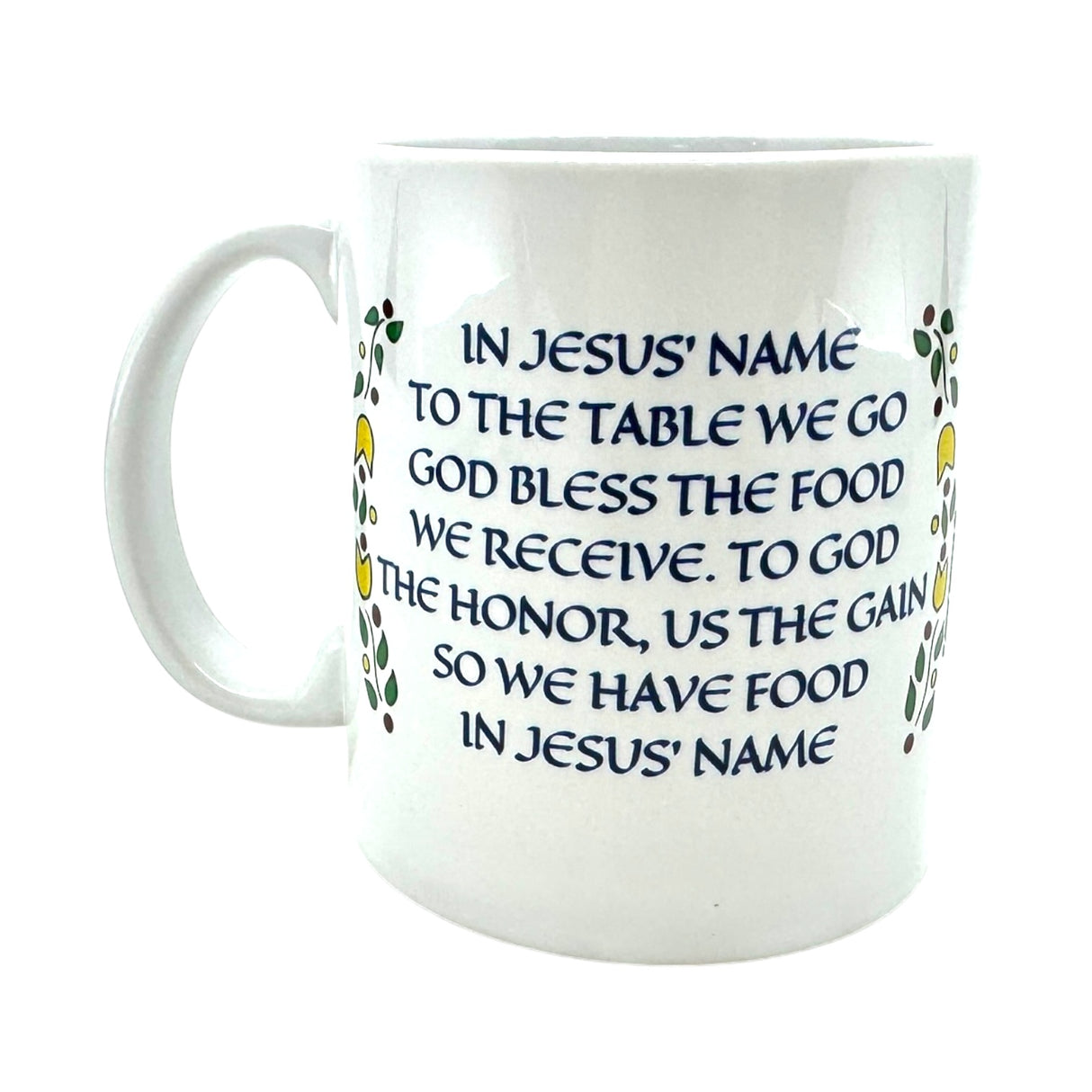 Enjoy your coffee in this white 11 oz mug featuring the Swedish Table Prayer in both Swedish and English—a heartfelt Scandinavian accent for any kitchen.