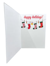 Send festive wishes with the Card: Santa in Lindström – Holiday Greeting Card (5×7 in), featuring Happy Holidays! in red above colorful Christmas stockings inspired by Swedish heritage—perfect for seasonal greetings.