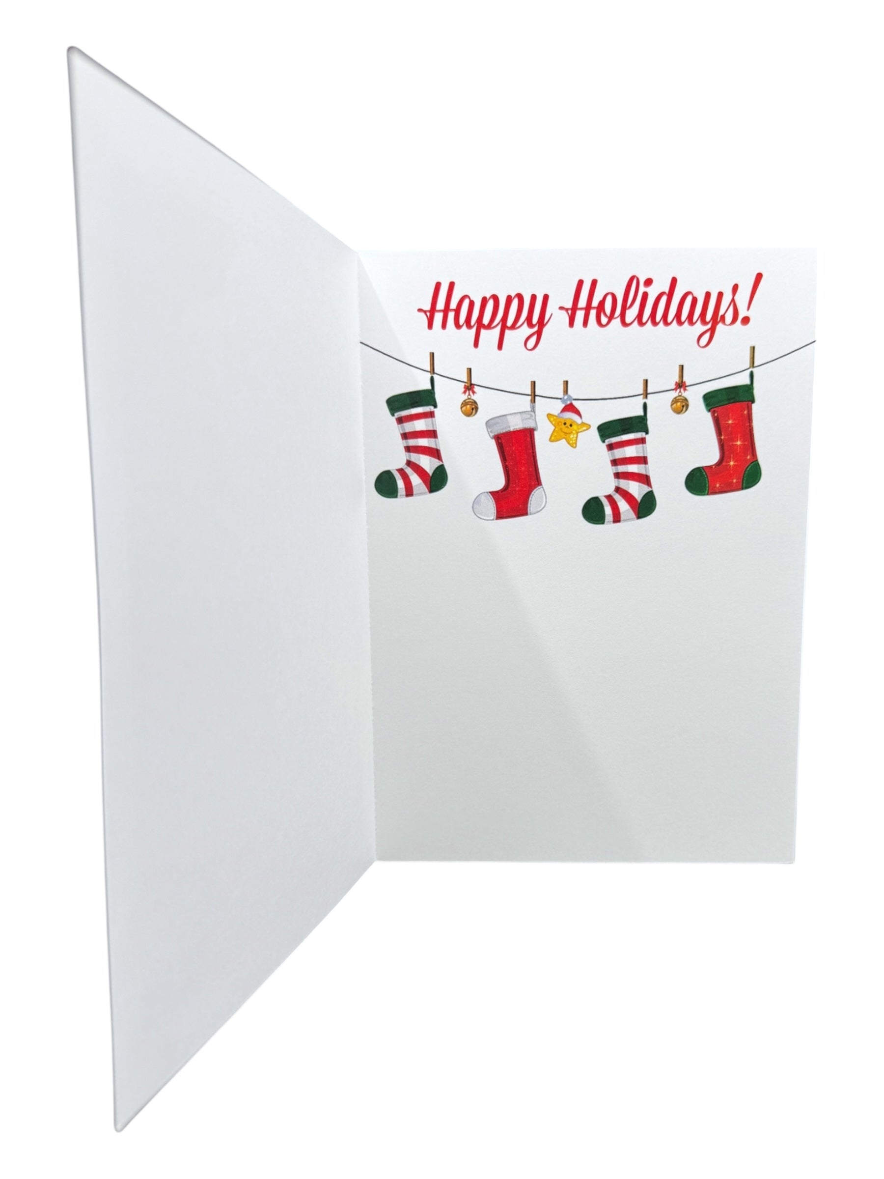 Send festive wishes with the Card: Santa in Lindström – Holiday Greeting Card (5×7 in), featuring Happy Holidays! in red above colorful Christmas stockings inspired by Swedish heritage—perfect for seasonal greetings.
