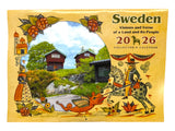 Cover of the "Calendar: Sweden 2026 Wall Calendar – Visions & Verse of a Land and Its People," featuring wooden houses in rural scenery, folk art with a knight, dragon, and flowers—ideal for fans of Swedish culture calendars.