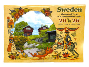 Cover of the "Calendar: Sweden 2026 Wall Calendar – Visions & Verse of a Land and Its People," featuring wooden houses in rural scenery, folk art with a knight, dragon, and flowers—ideal for fans of Swedish culture calendars.