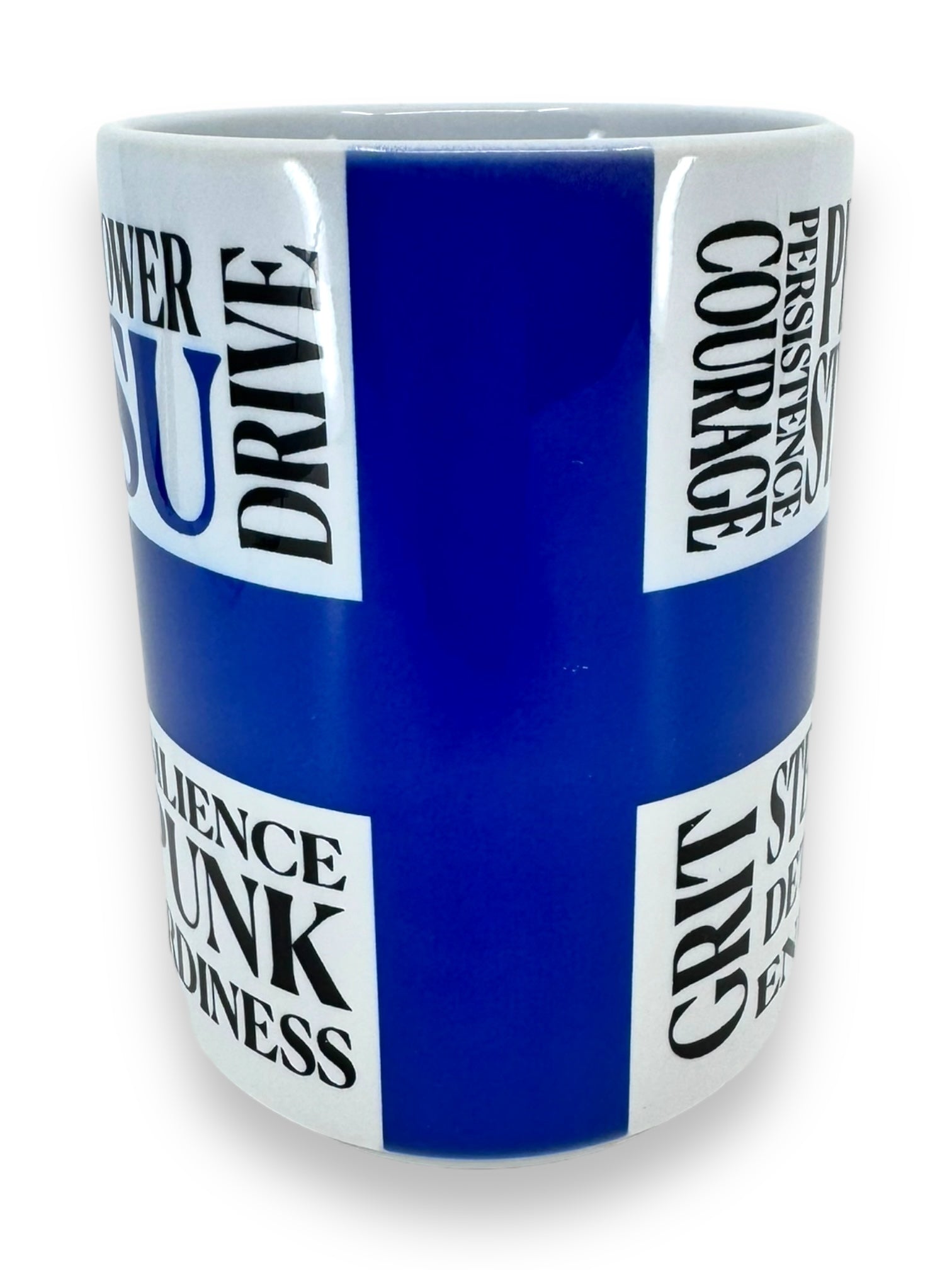 Elevate your drinkware with the Scandinavian Motto "Sisu" Mug (15oz), a blue and white ceramic piece that embodies the Finnish spirit of sisu, showcasing powerful words such as resilience, grit, determination, power, perseverance, courage, and drive in black text.