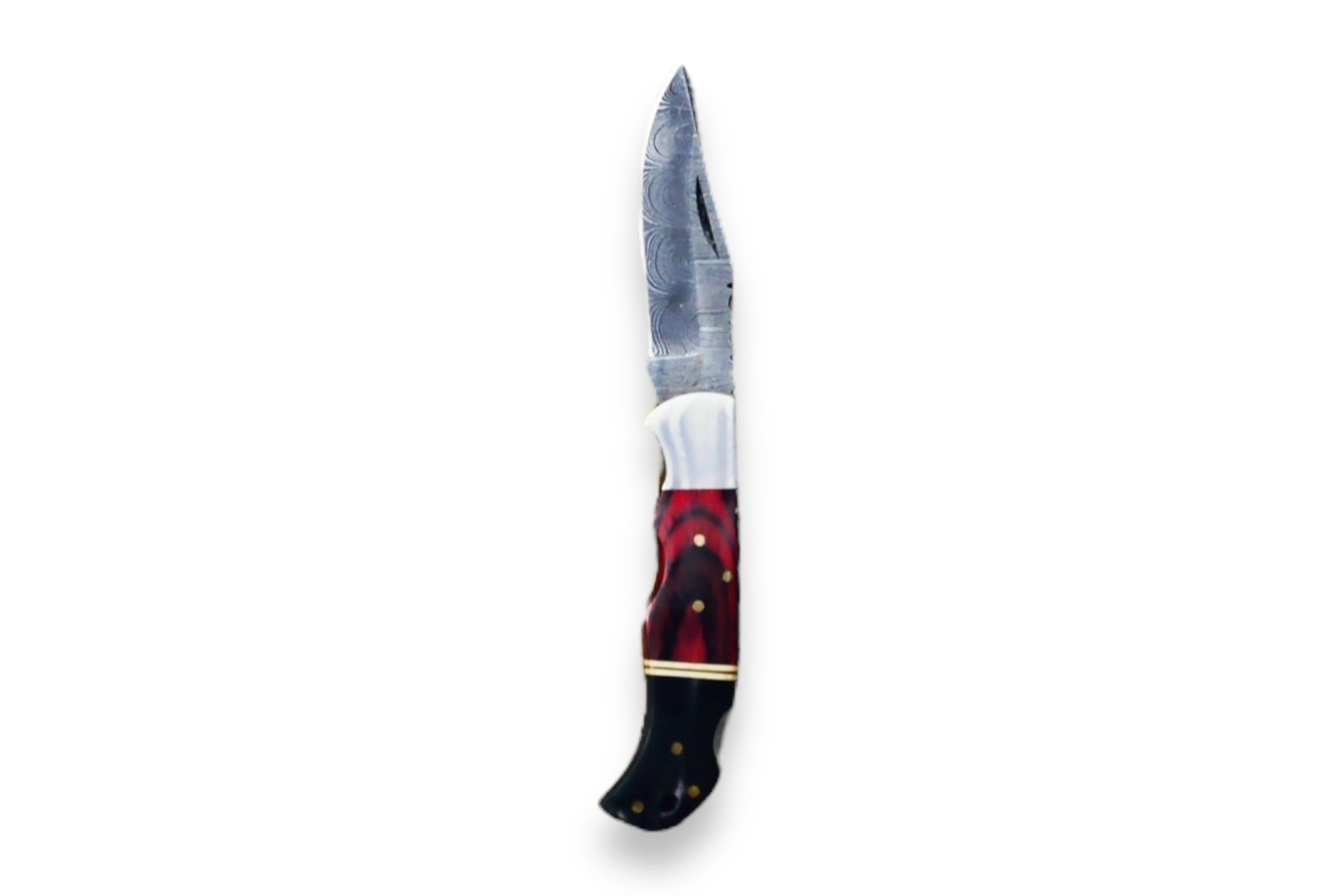 The Knife: Red/Black Damascus Folding Knife Pocket Knife, with its blade featuring a Damascus steel pattern and handle decorated in red and black segments, is perfect for personalized gifts.