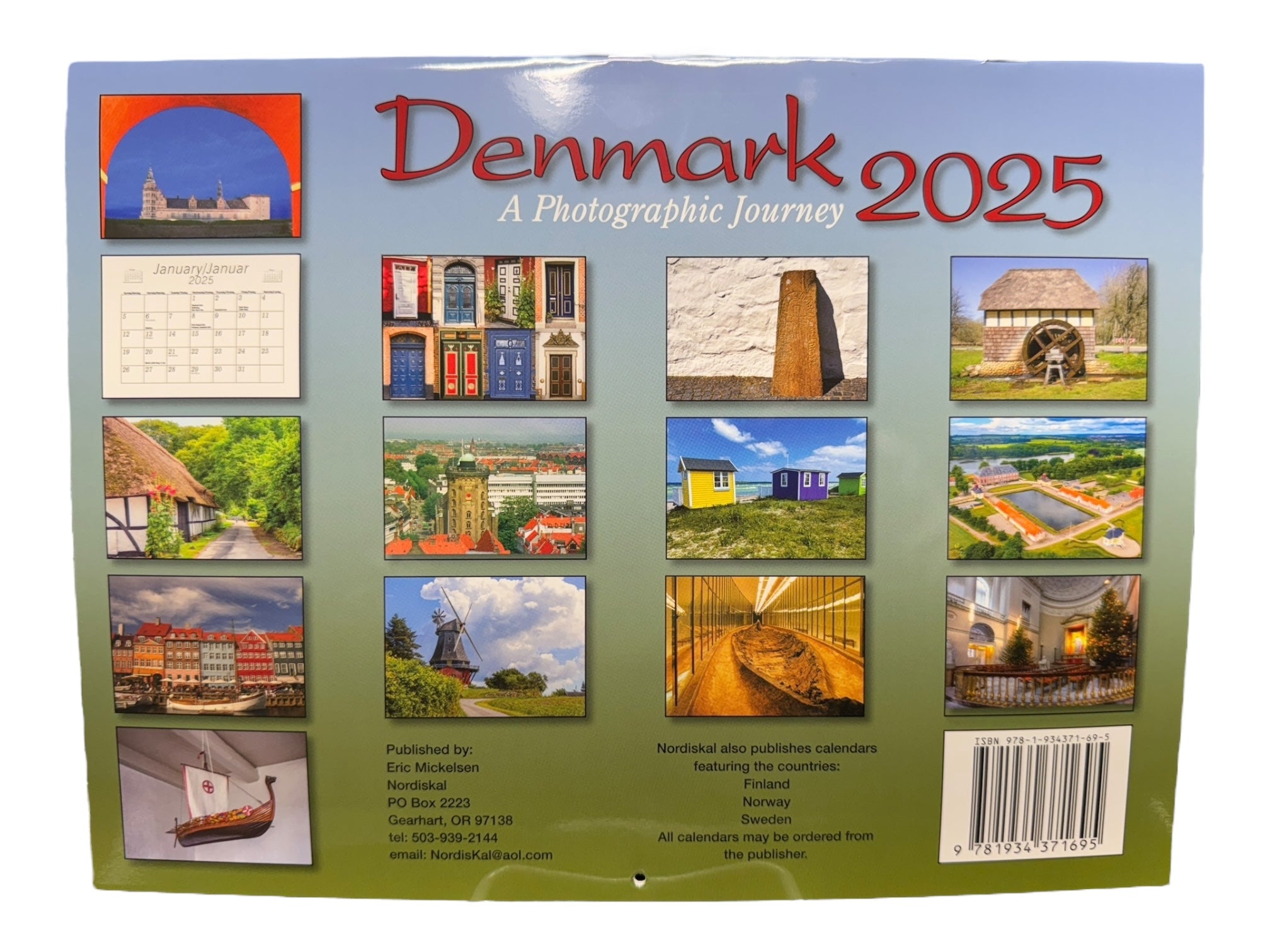 The back cover of the Nordiskal - Denmark/Danmark 2025 Bilingual Wall Calendar features scenic images, January grid, Danish Name Days, USA Holidays for reference, publishing information, and a barcode.